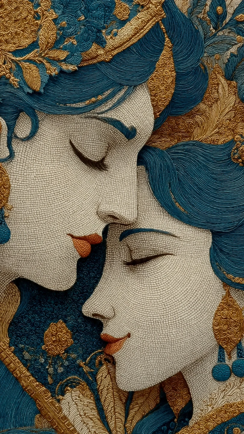 Intricate Mosaic Art of Two Faces with Blue and Gold