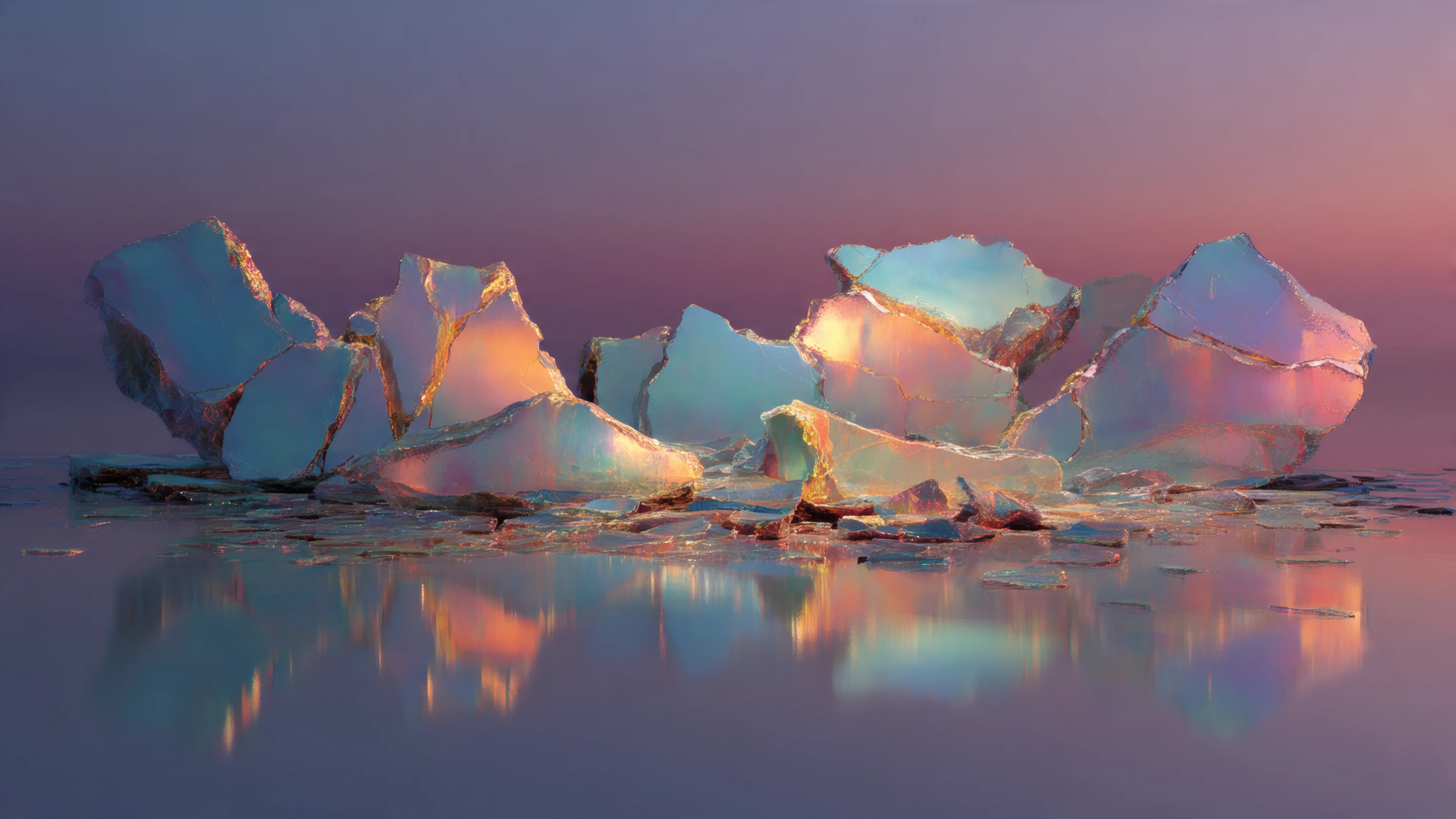 Iridescent Ice Shards Reflecting Sunset Hues