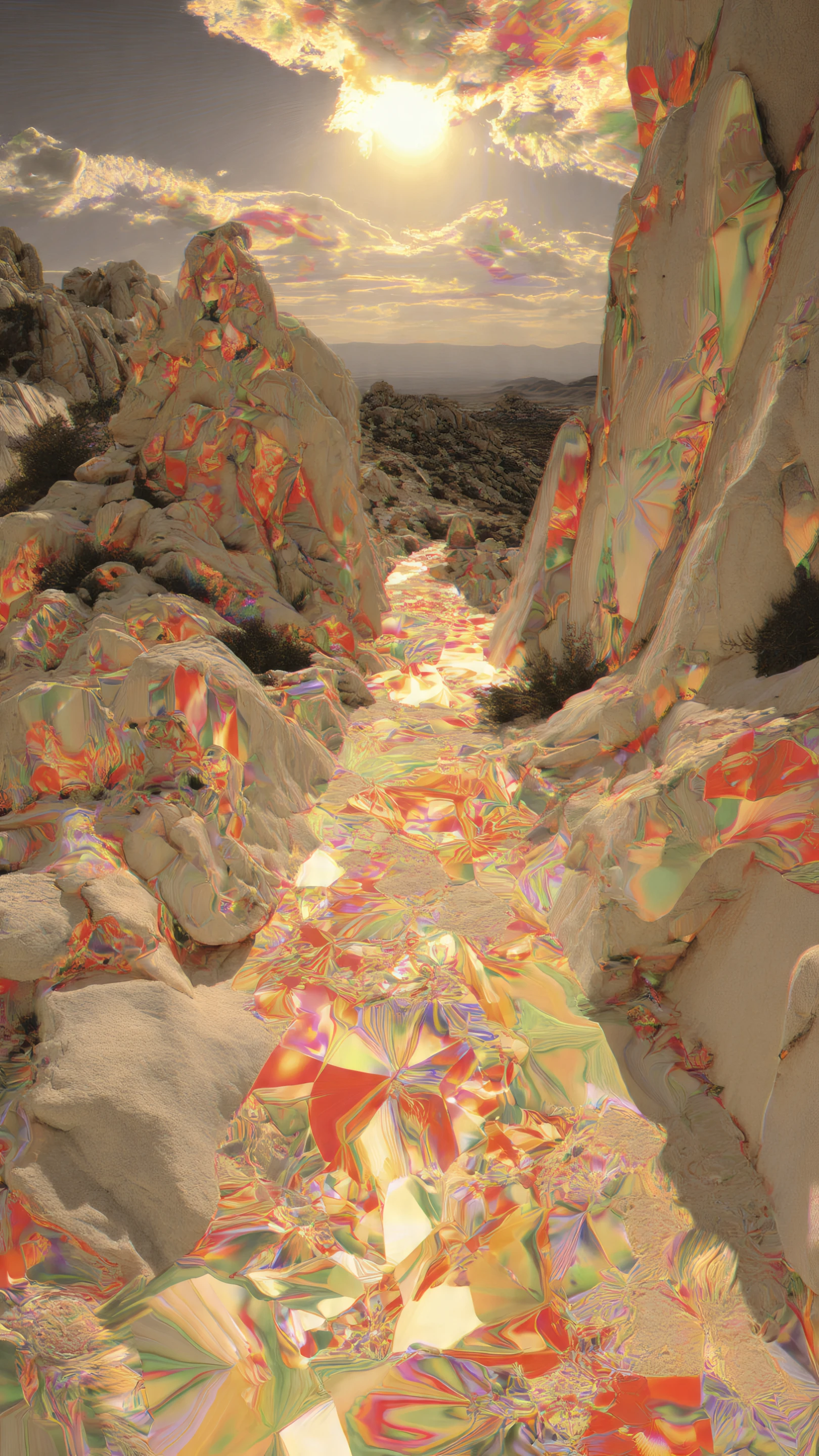 Iridescent River Between Rocky Cliffs at Sunset