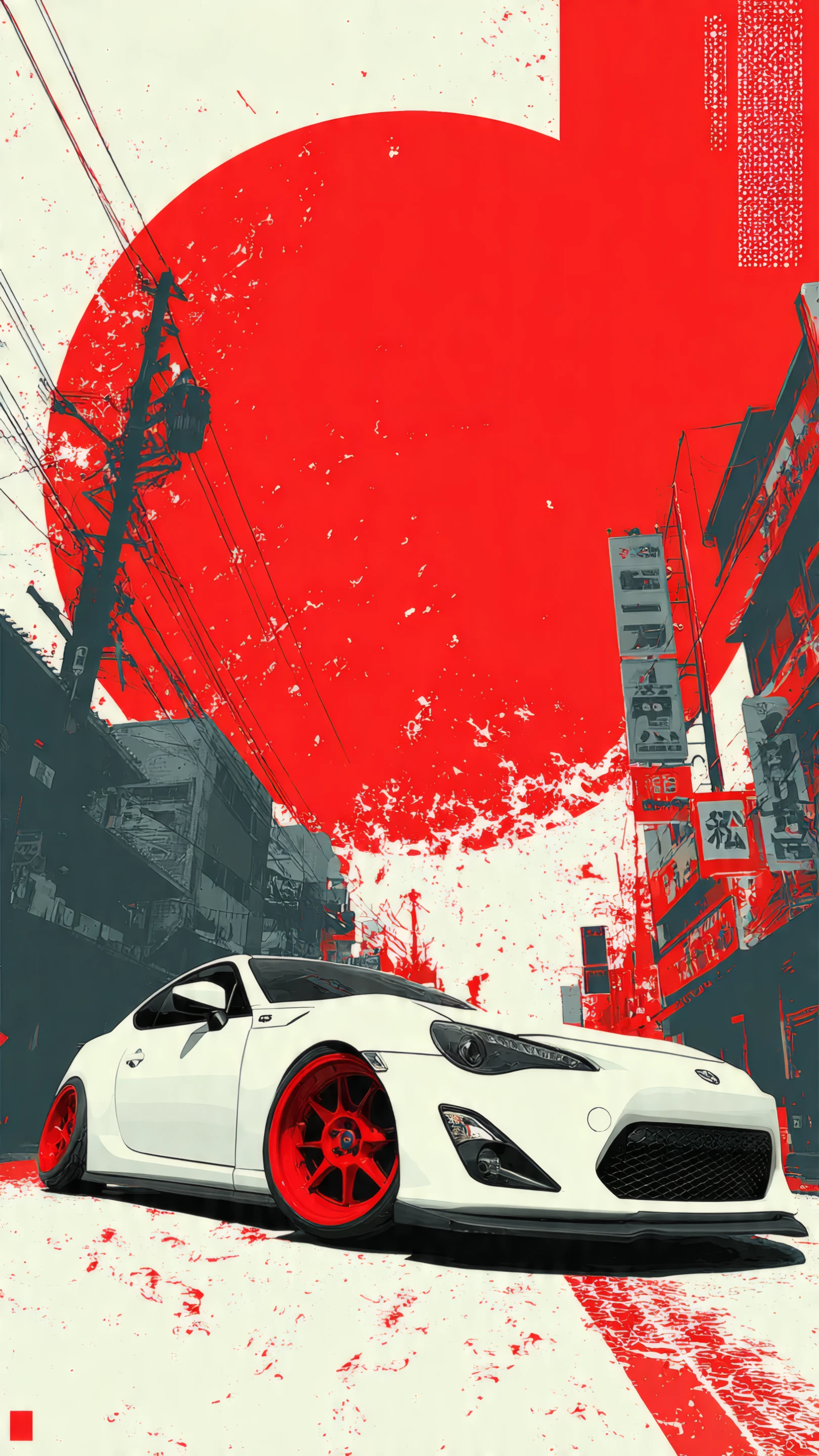 Jdm Sports Car with Red Sun and Urban Backdrop