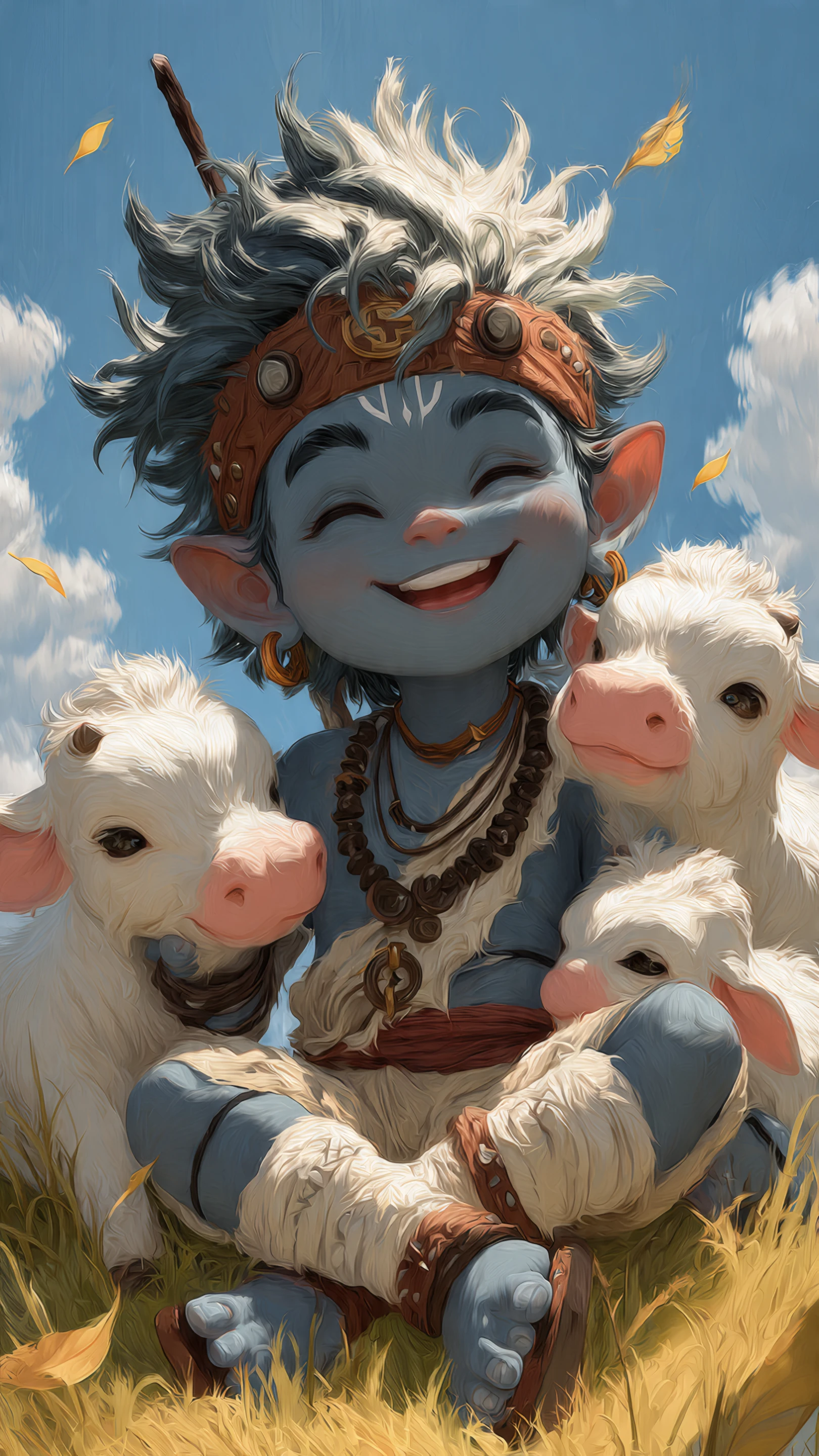 Joyful Blue Child Surrounded by Adorable White Calves