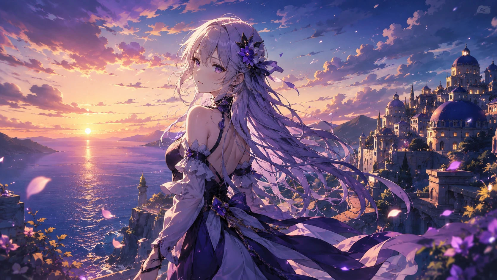 Keqing Gazing over Liyue Harbor at Golden Sunset Anime wallpaper 1672x941