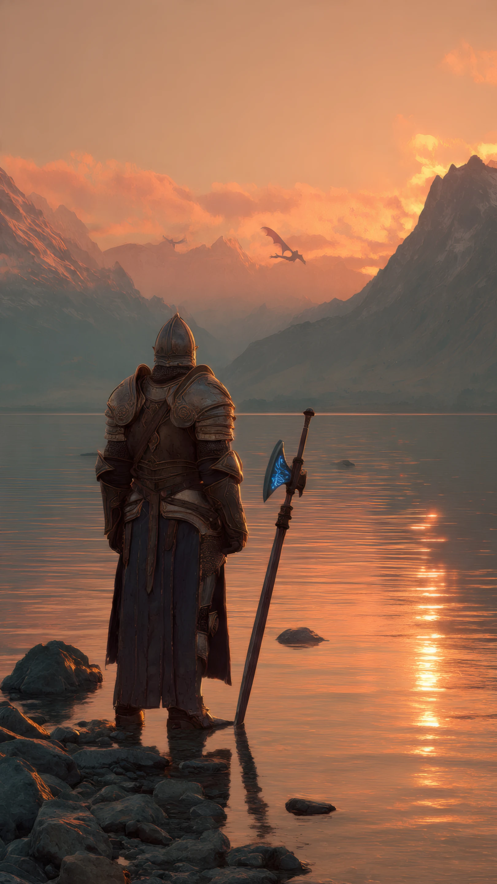 Knight in Armor at Sunset Lake with Battle Axe