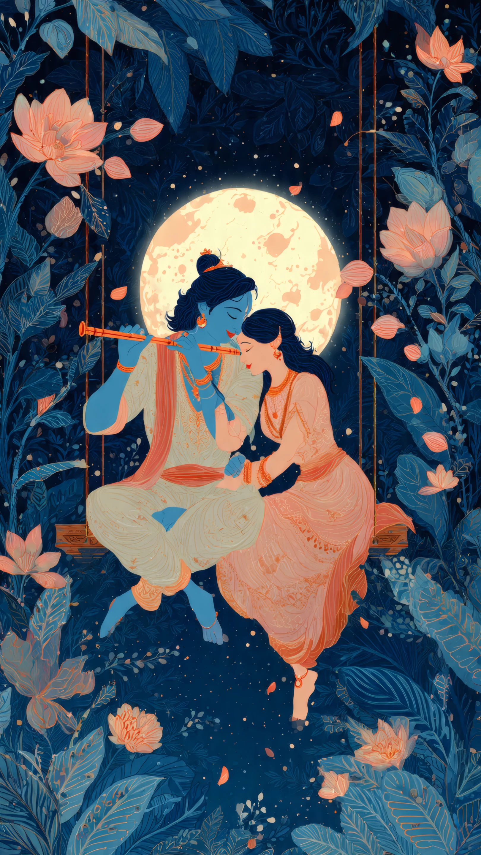 Krishna and Radha in a Moonlit Garden Scene