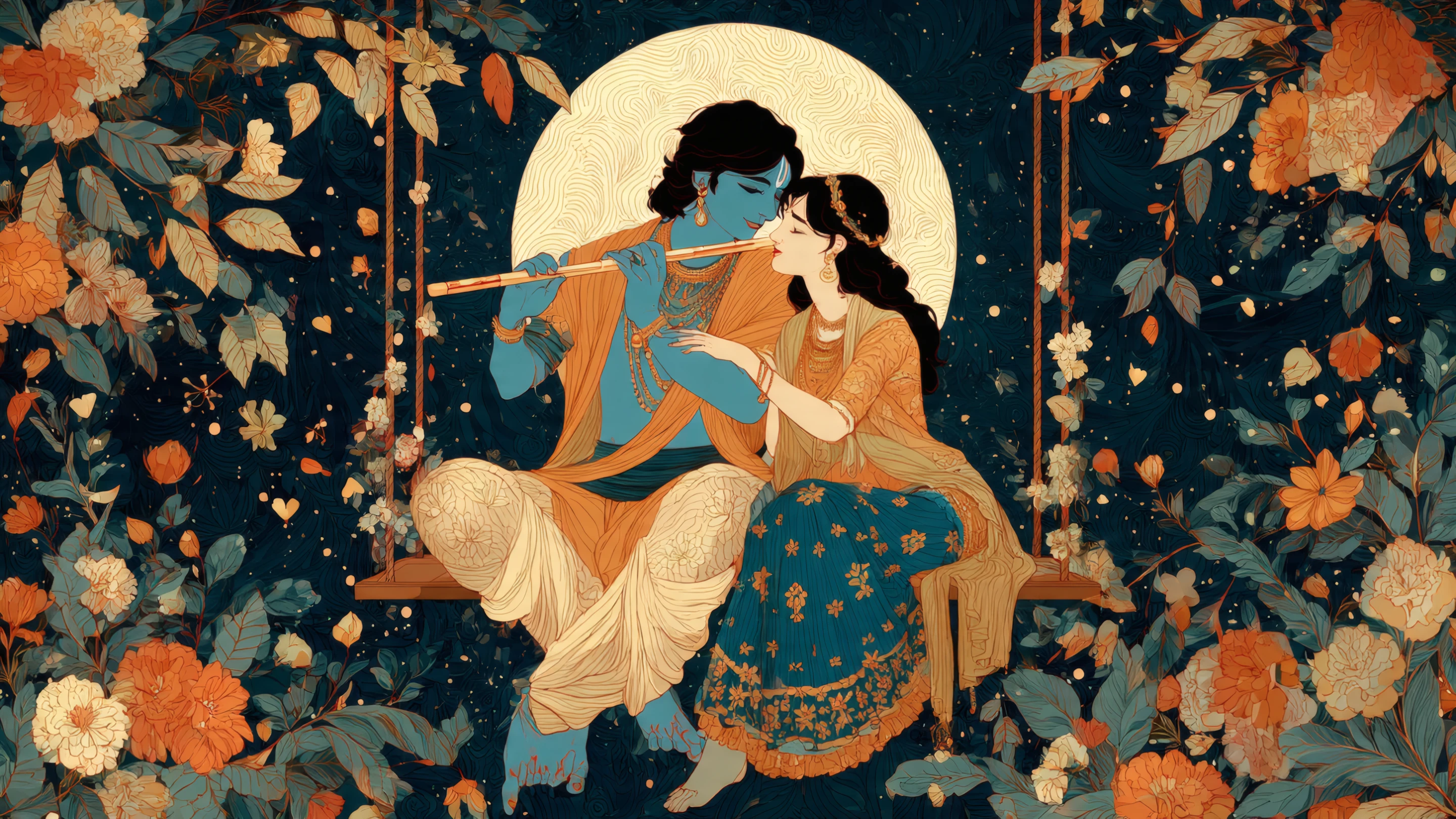 Krishna and Radha in Floral Garden with Moon