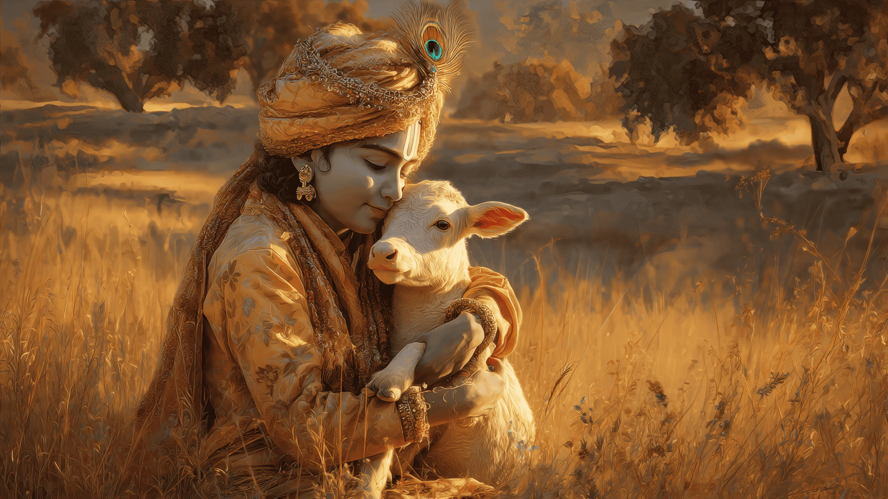 Krishna Embracing a Calf in Golden Field Art