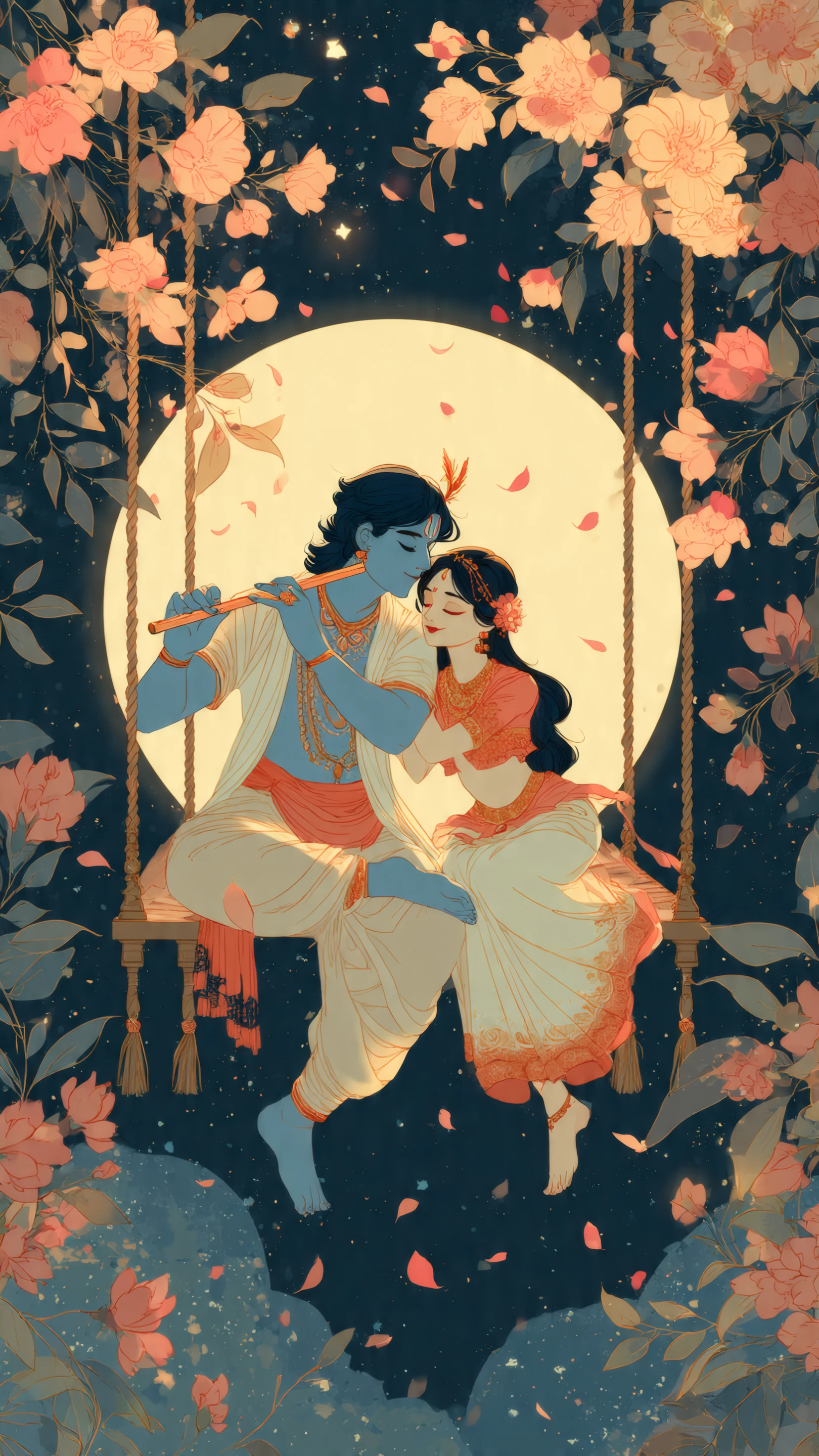 Krishna Playing Flute for Radha on Floral Swing