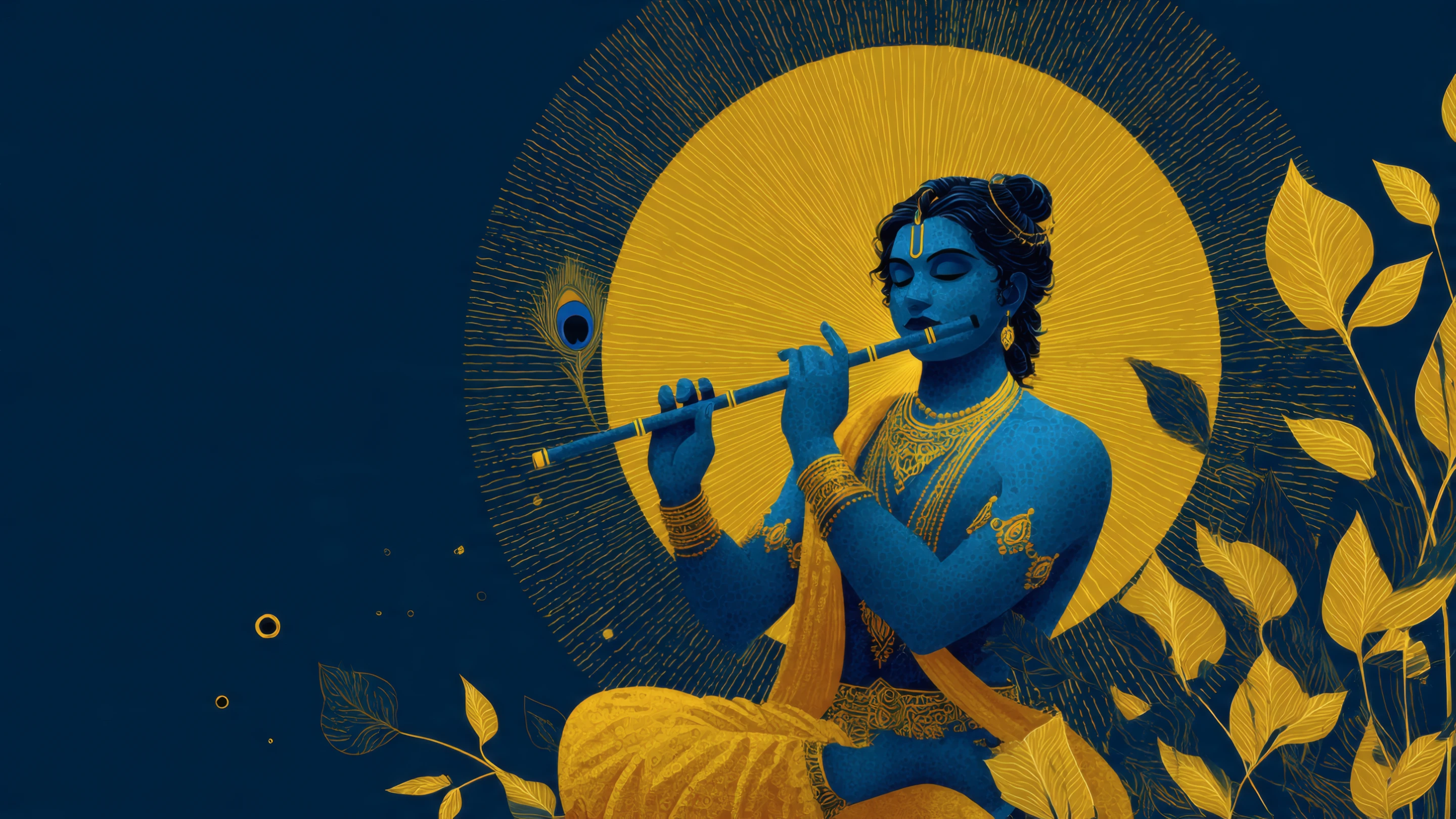 Krishna Playing Flute with Golden Sun and Leaves