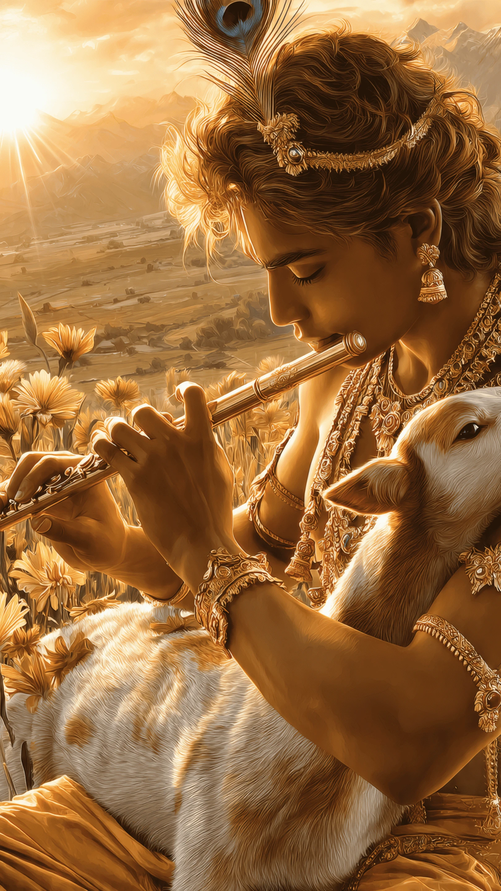 Krishna Plays Flute with Calf in Golden Field