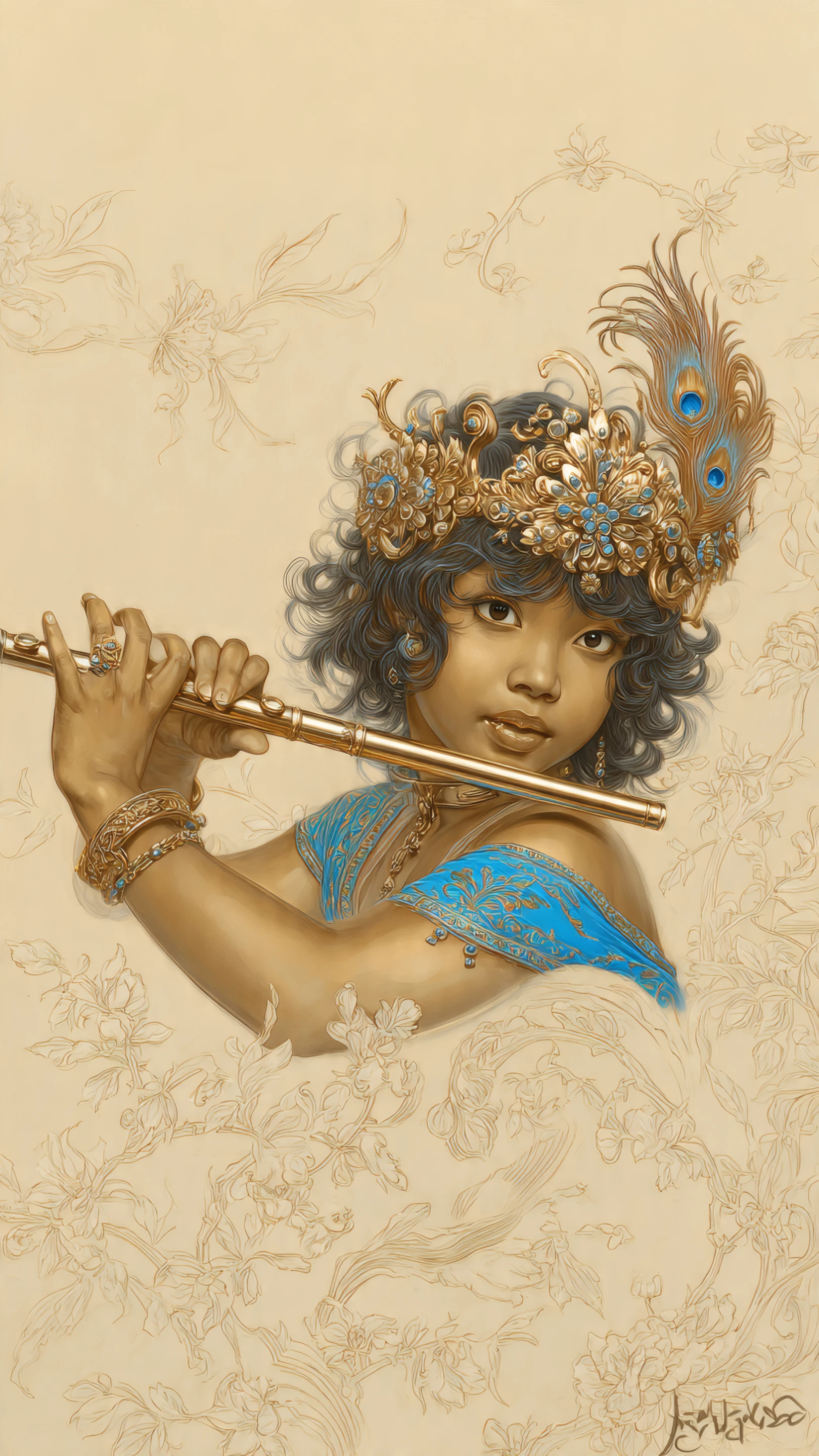 Krishna with Golden Flute and Peacock Feather Crown