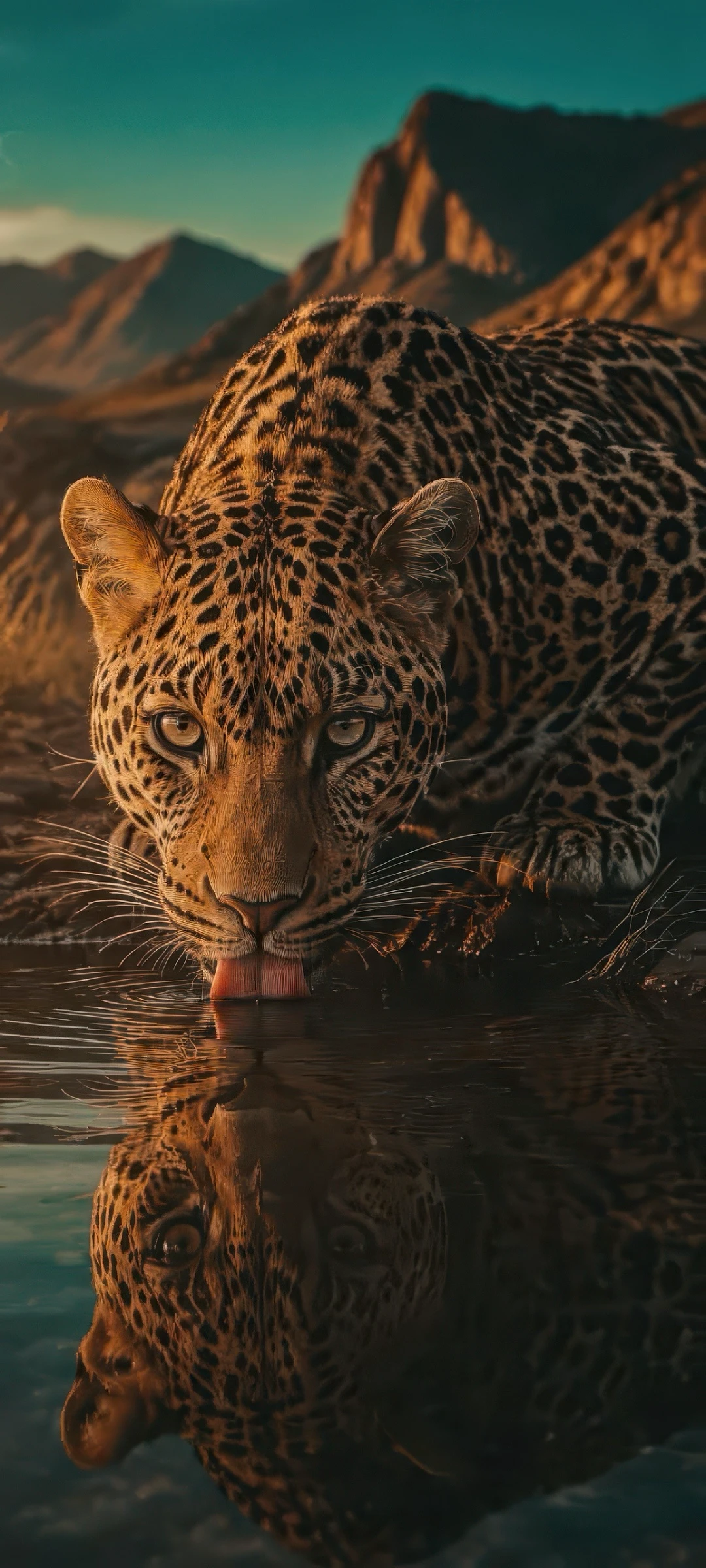 Leopard Drinking at a Still Mountain Lake at Sunset Animal wallpaper 1080x2400