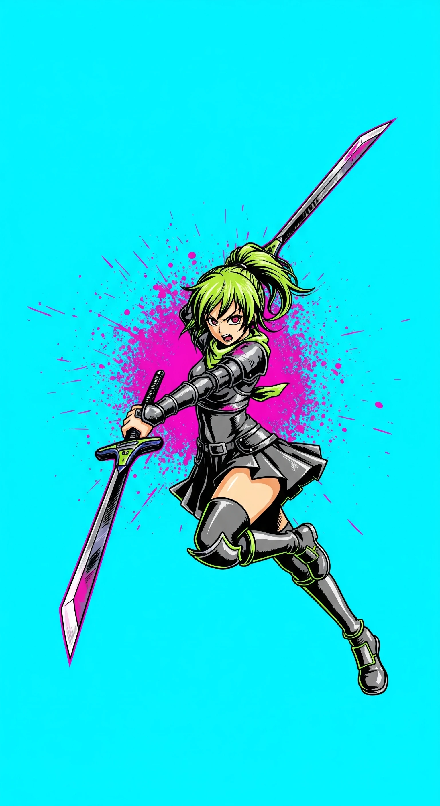 Lime-haired Anime Warrior with Pink Energy Sword