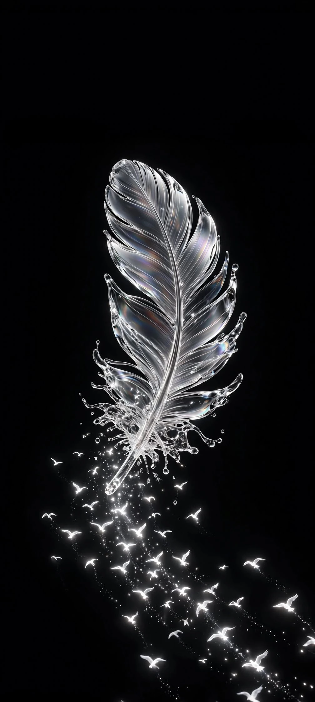 Liquid Glass Feather Dissolving into Glowing White Birds Abstract wallpaper 1008x2240