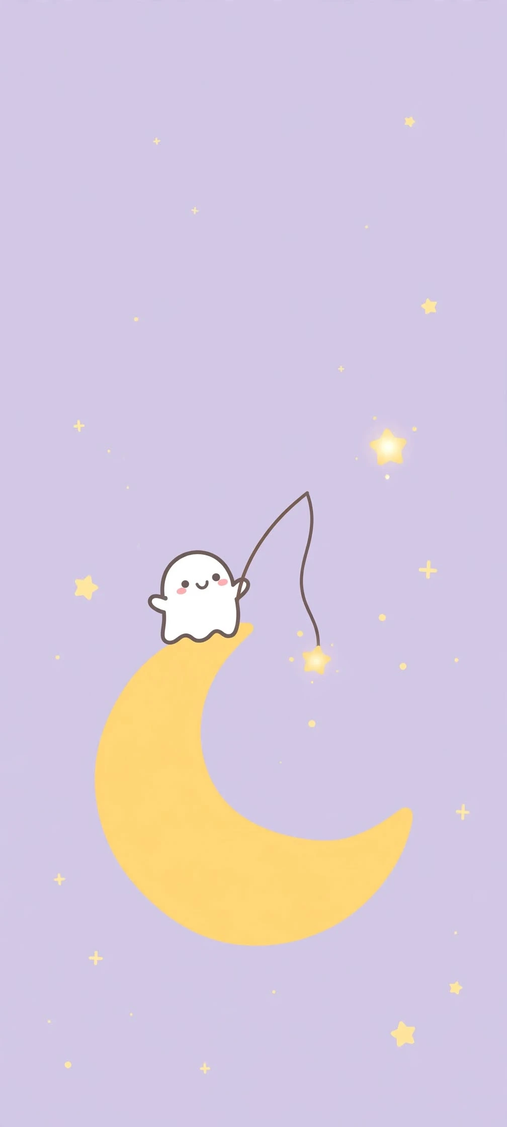 Little Ghost Fishing for Stars on a Crescent Moon Kawaii Art wallpaper 1008x2240