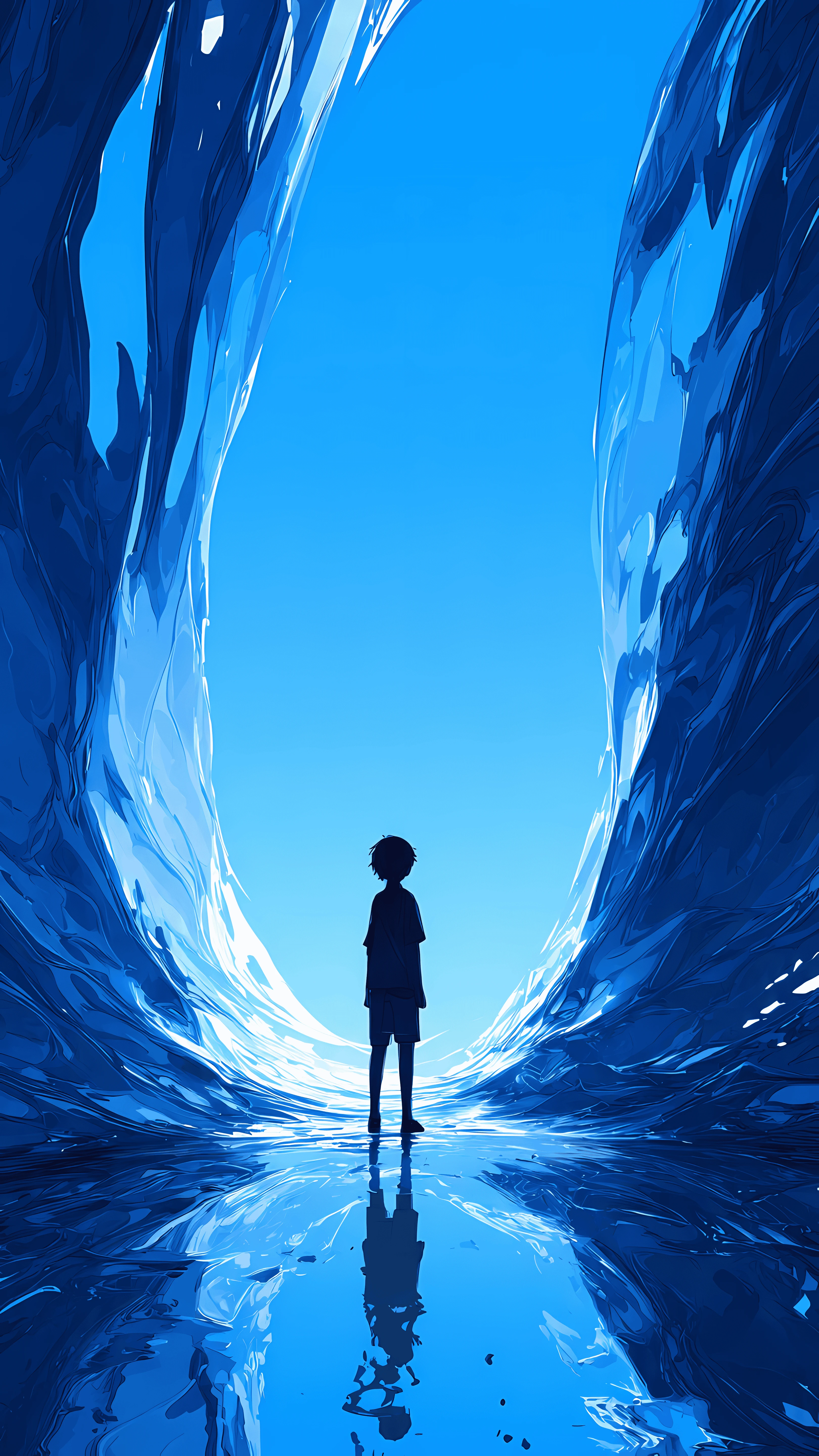 Lone Anime Boy Gazing Upward in Icy Blue Cavern