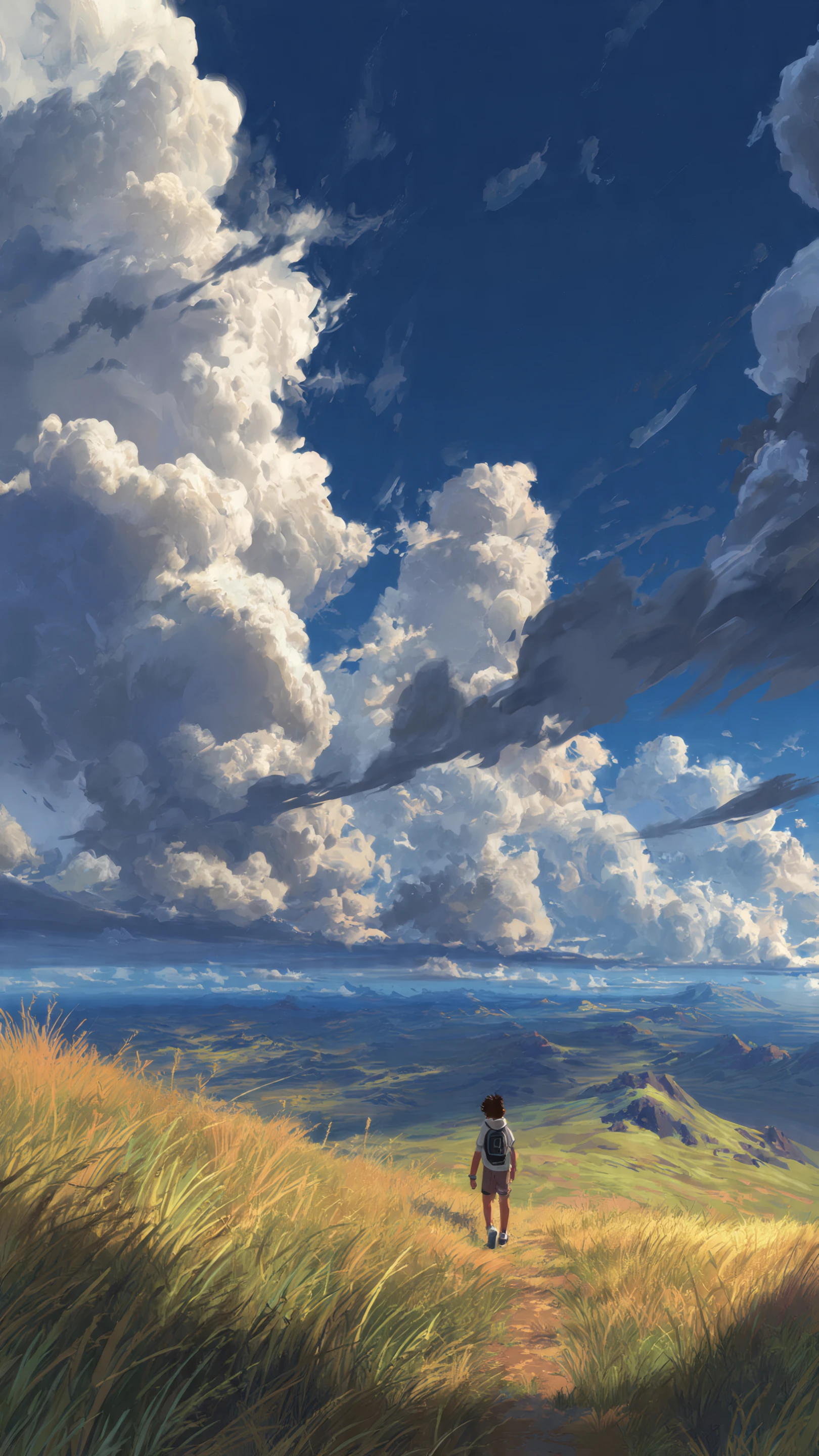 Lone Boy's Journey Under Majestic Cloudscape