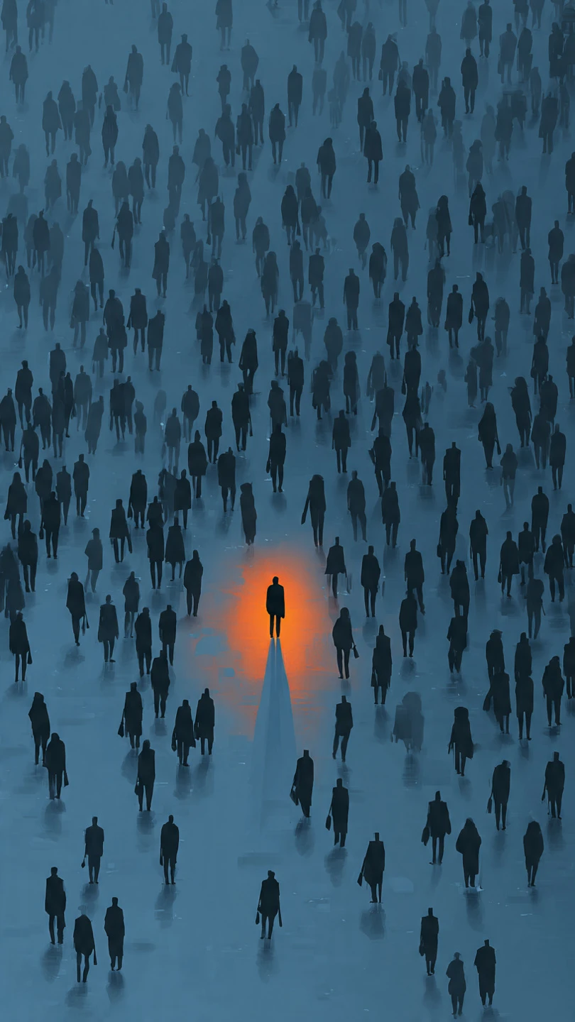 Lone Figure in Orange Light Surrounded by Dark Crowd