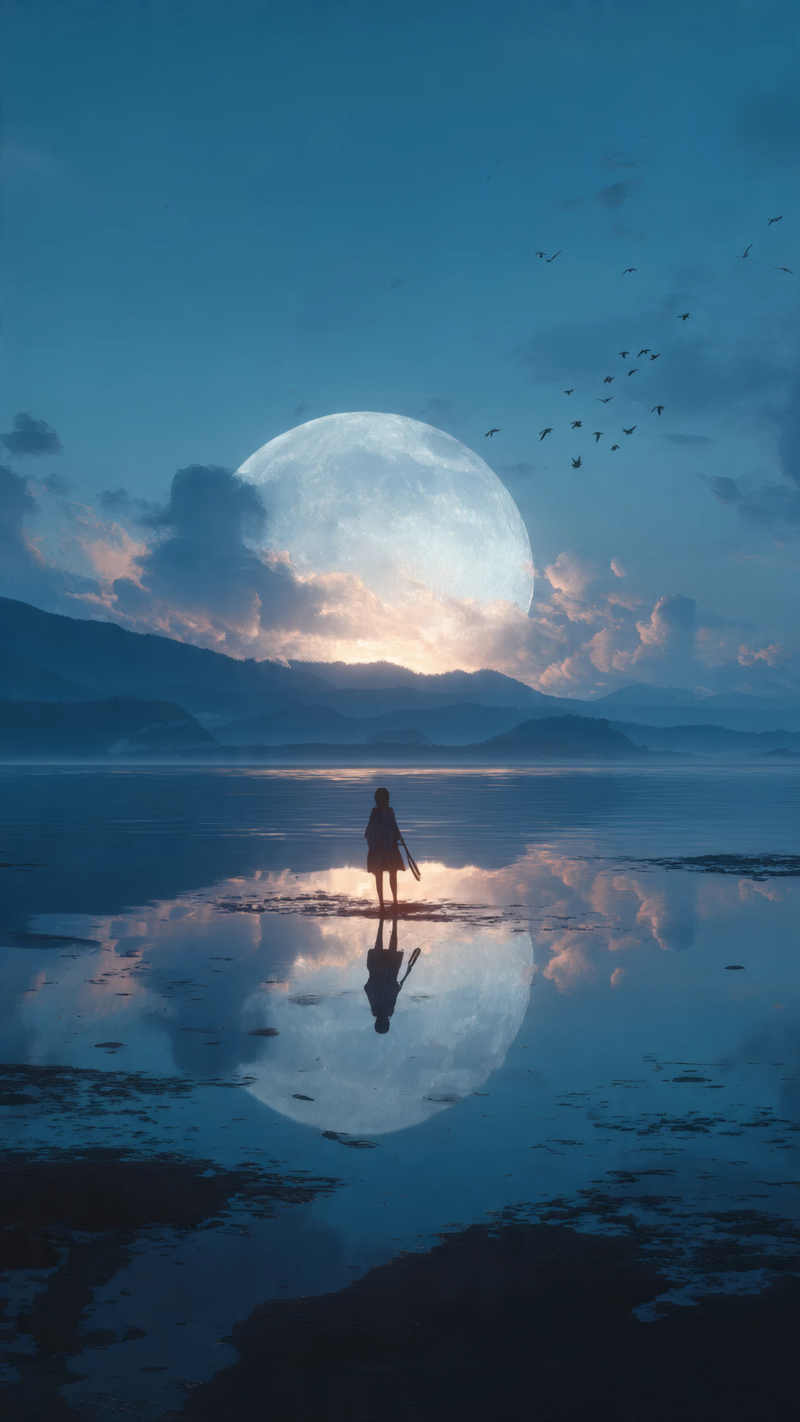 Lone Figure Reflecting Under a Giant Moon
