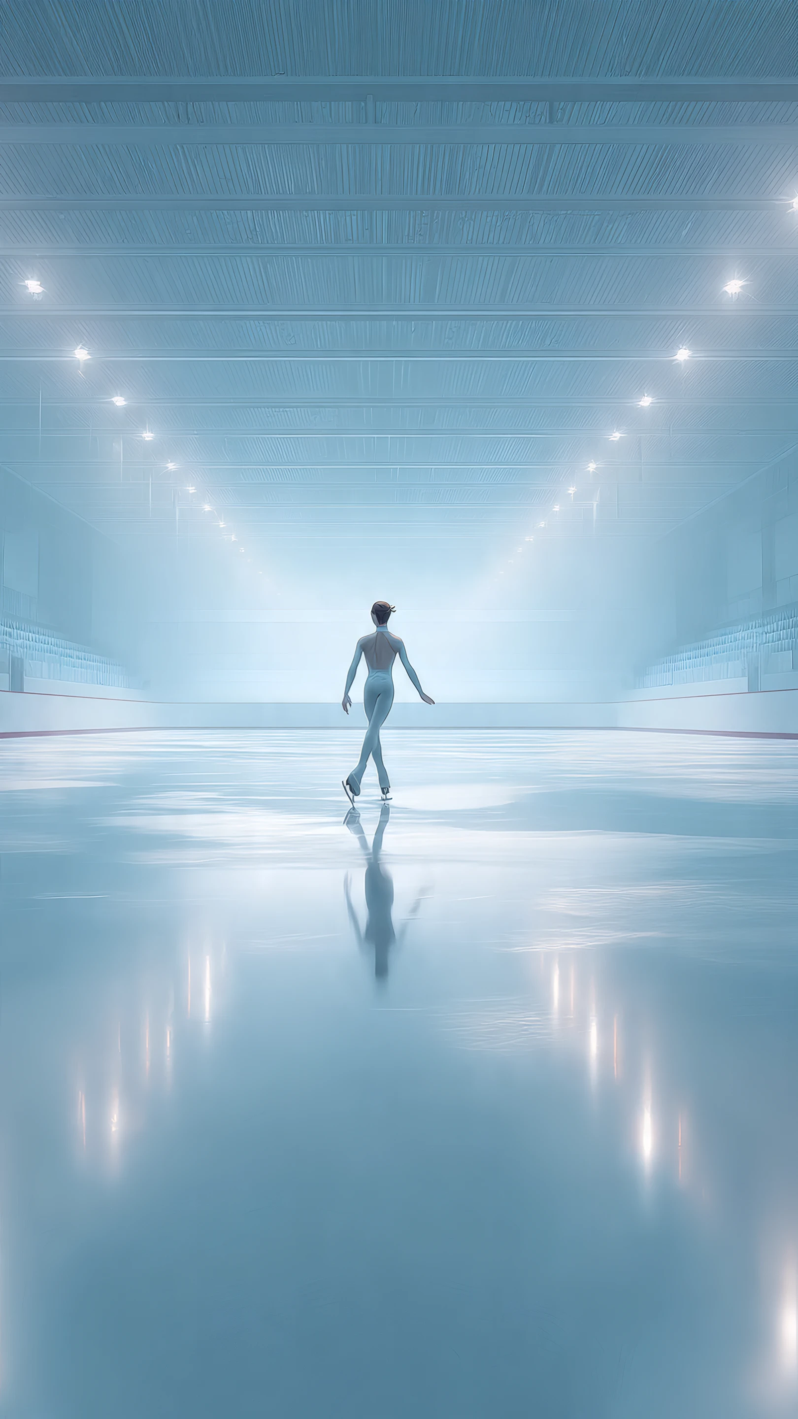 Lone Ice Skater in a Pale Blue Arena