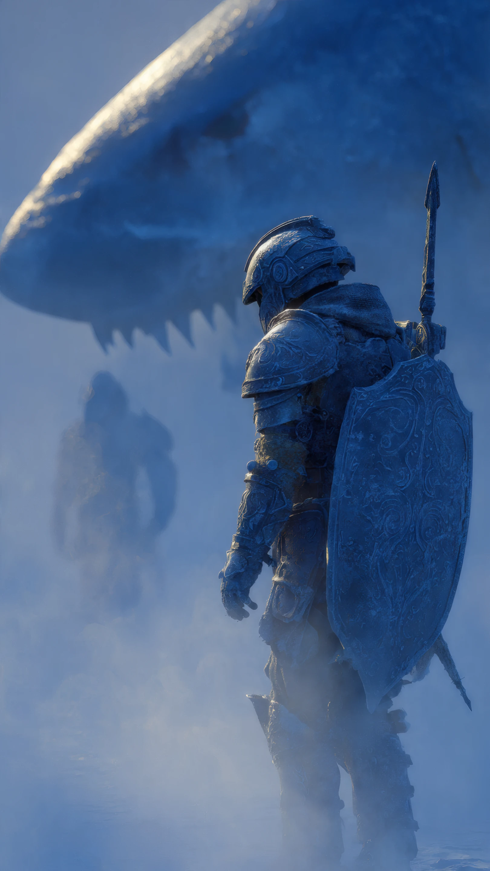 Lone Knight in Misty Landscape with Distant Creature