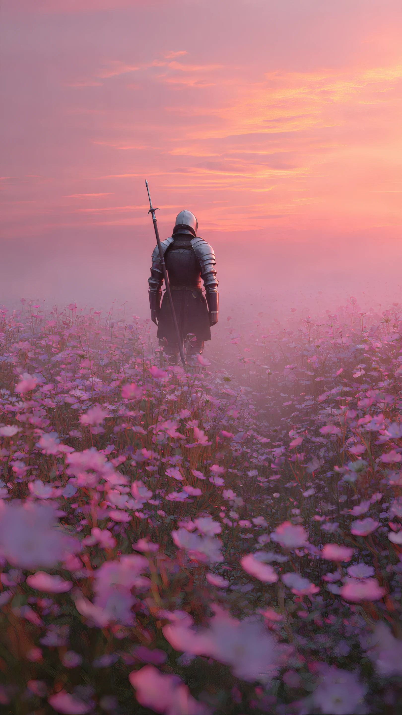 Lone Knight in Pink Flower Field at Sunset