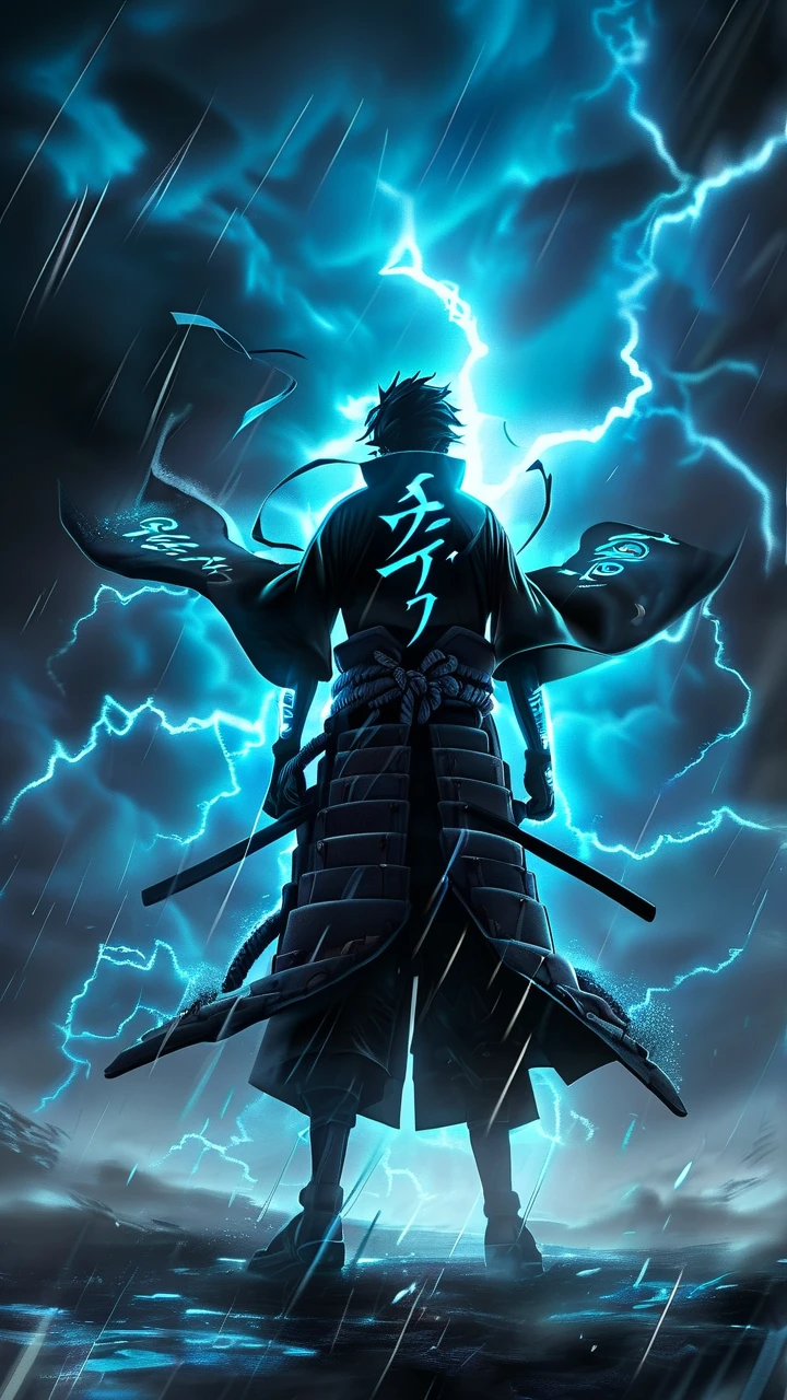Lone Samurai Silhouette in Cyan Lightning Storm
