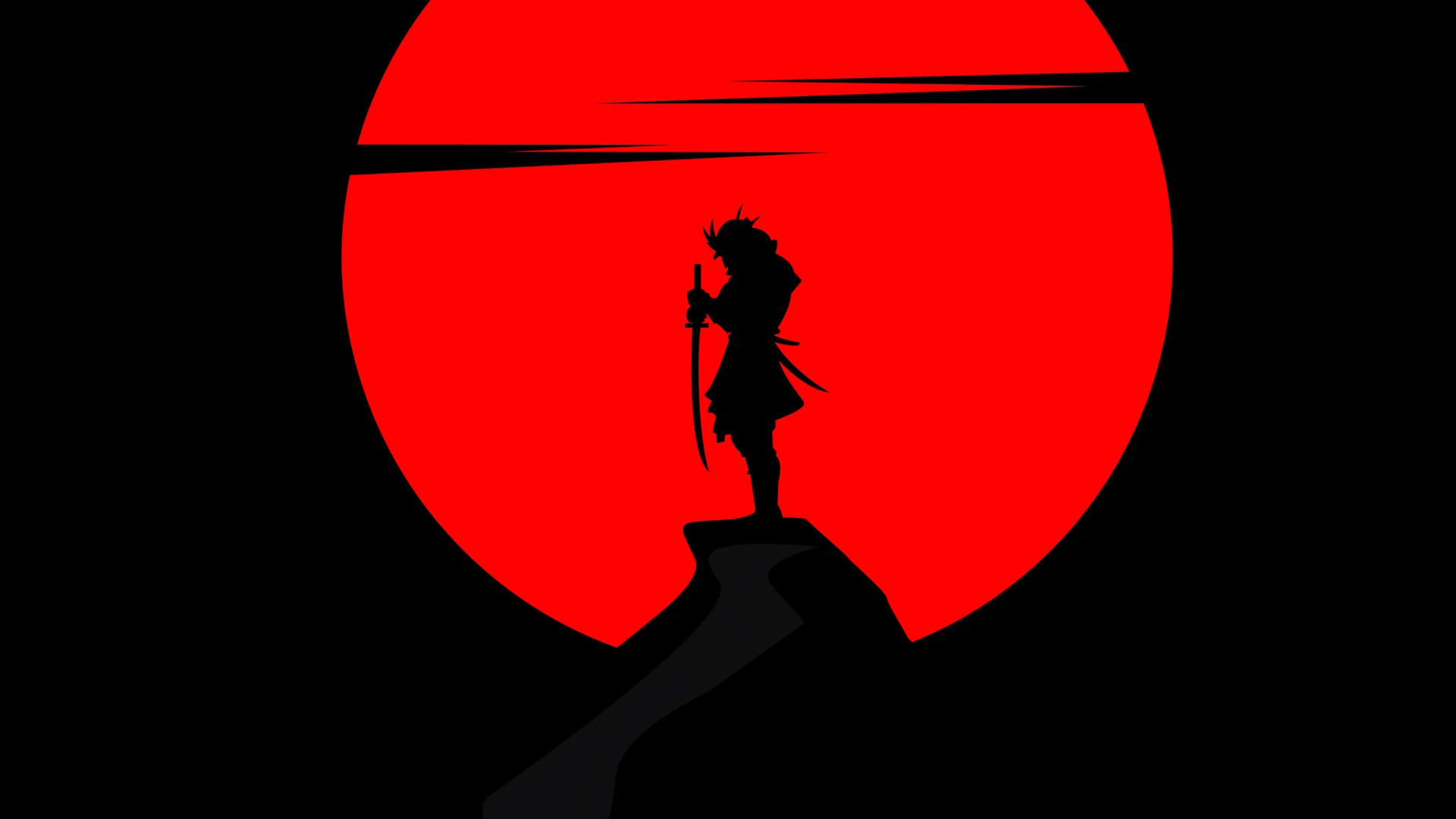 Lone Samurai Silhouette Under Crimson Sun 4k