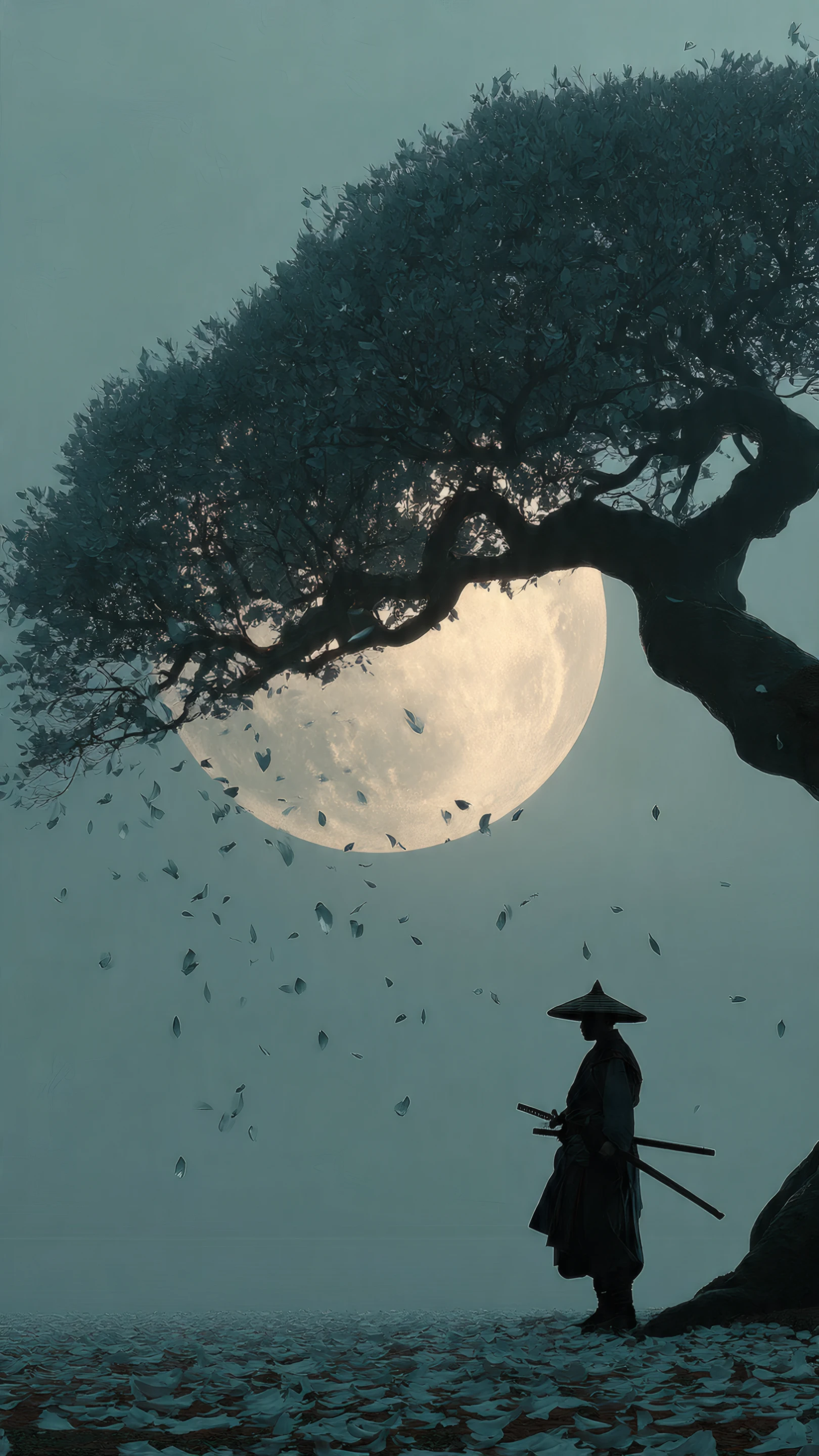 Lone Samurai Silhouette Under Tree with Moon Backdrop