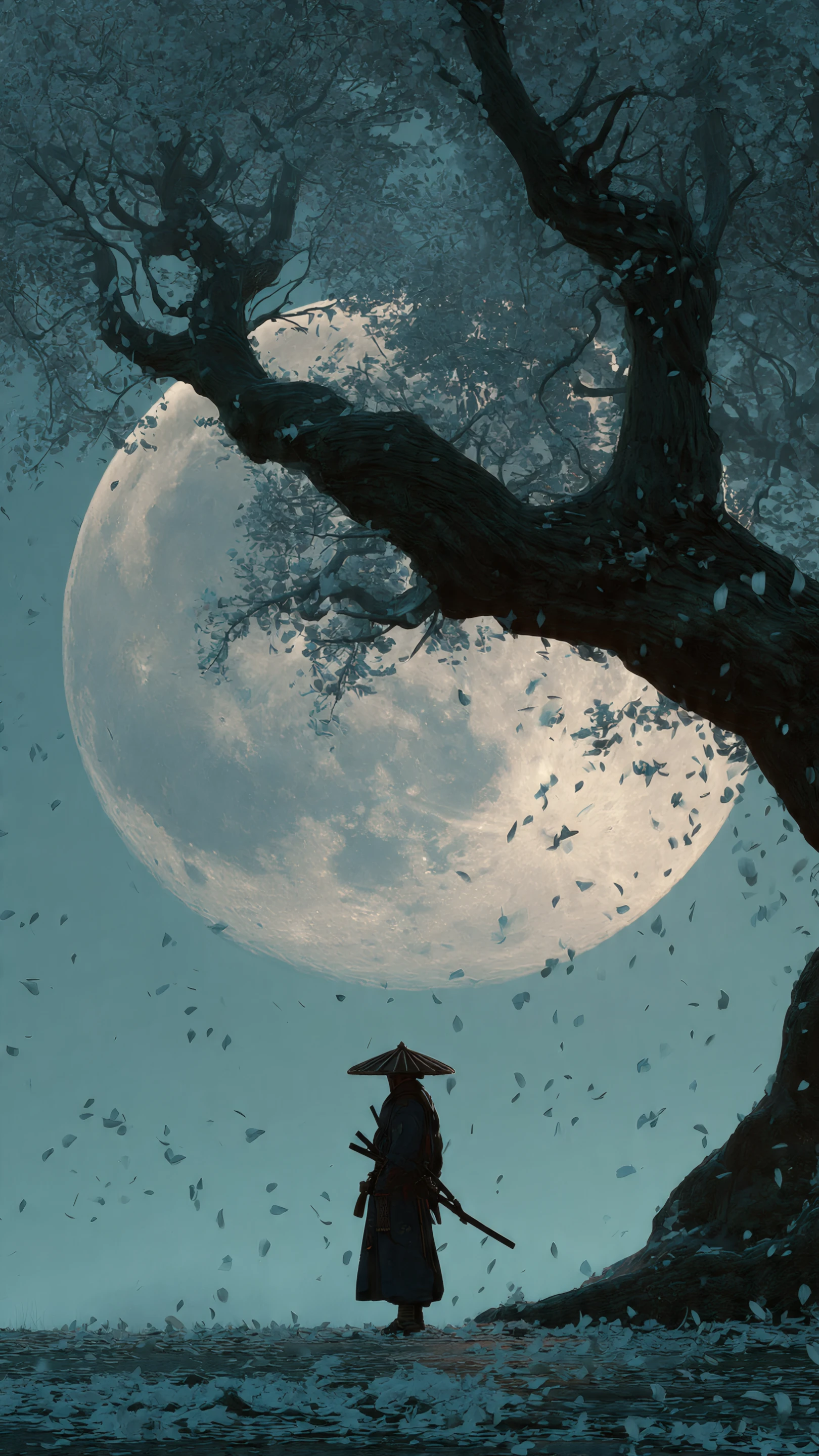 Lone Samurai Silhouette with Moon and Falling Leaves