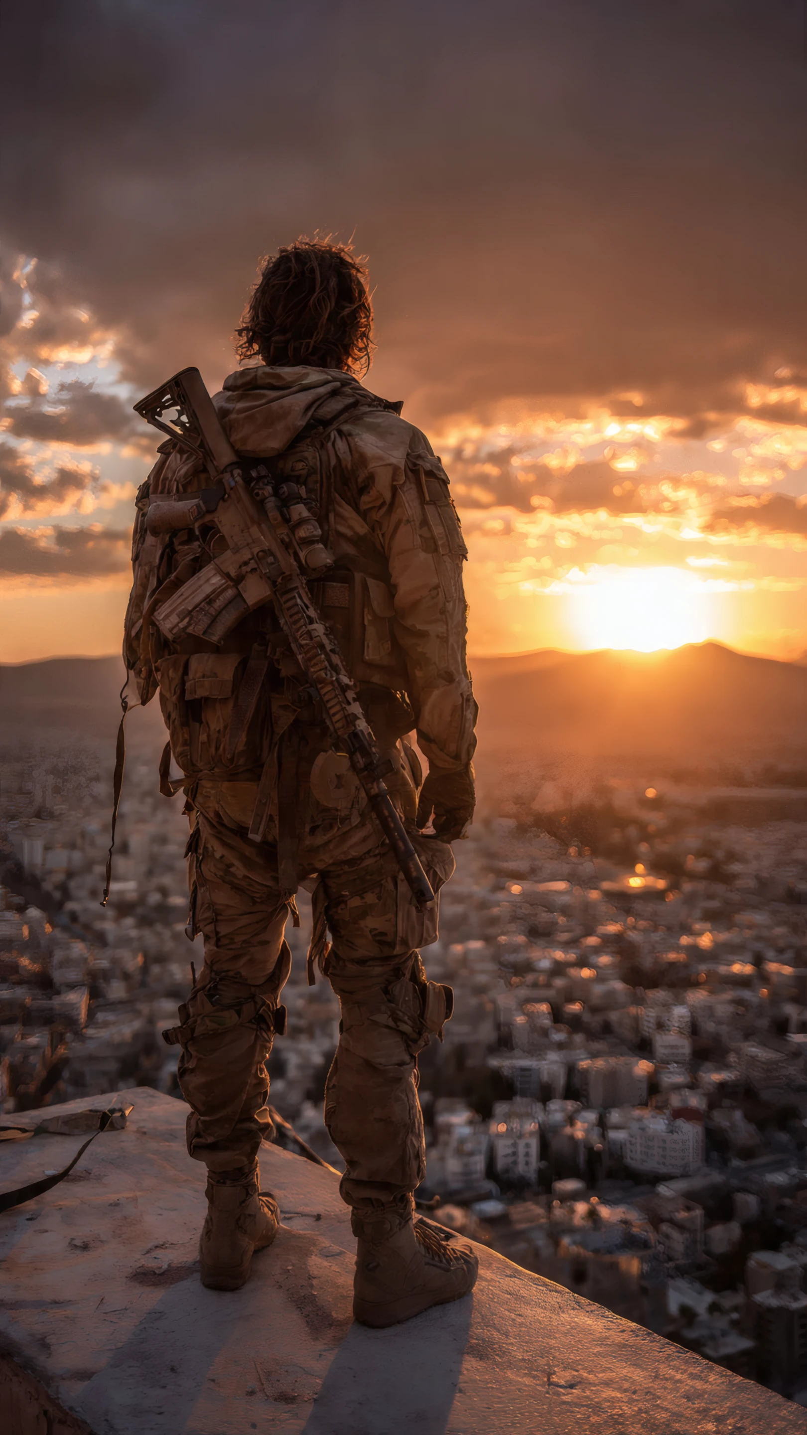 Lone Soldier Silhouette on Rooftop at Golden Sunset
