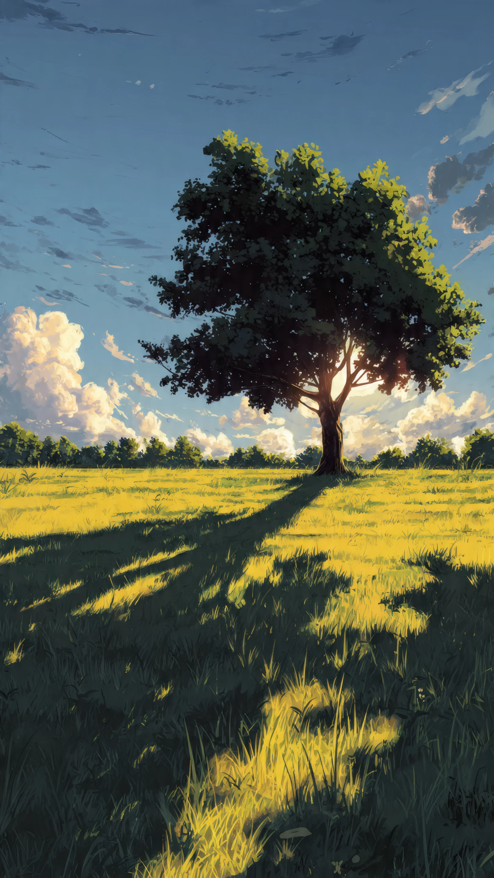 Lone Tree Casting Shadow in Anime Meadow