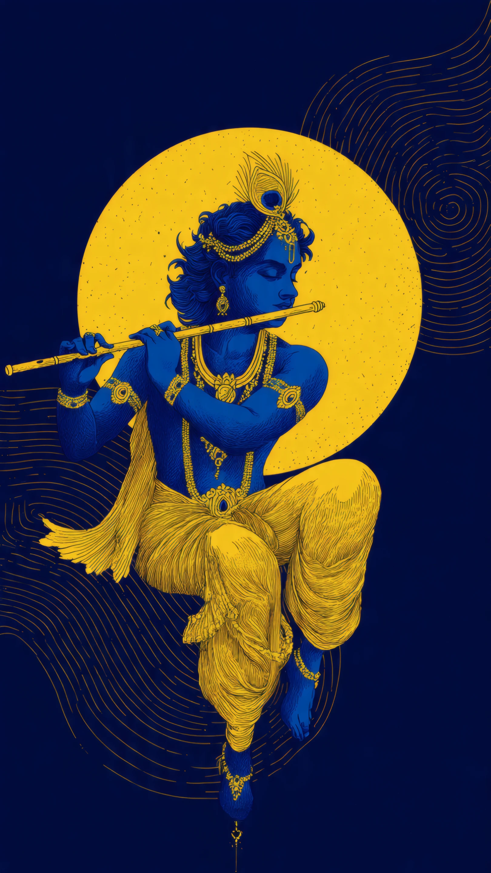 Lord Krishna Illustration in Blue and Gold Tones