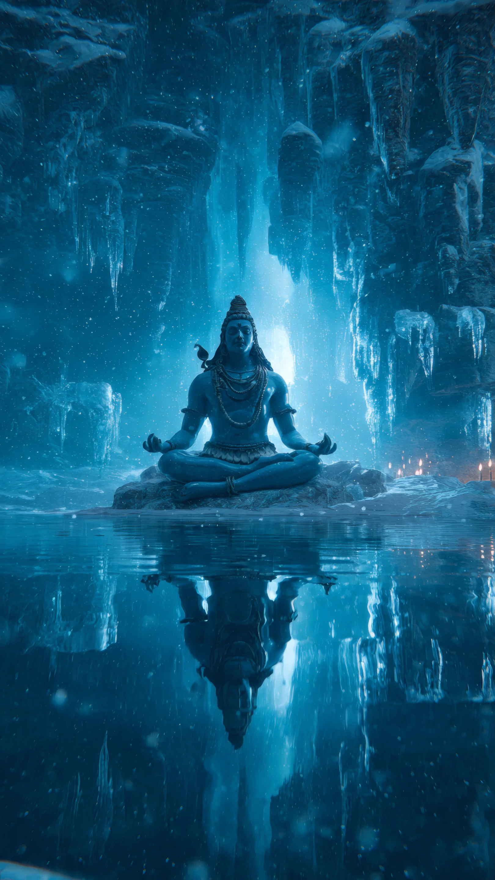 Lord Shiva Meditation in Icy Cave with Water Reflection