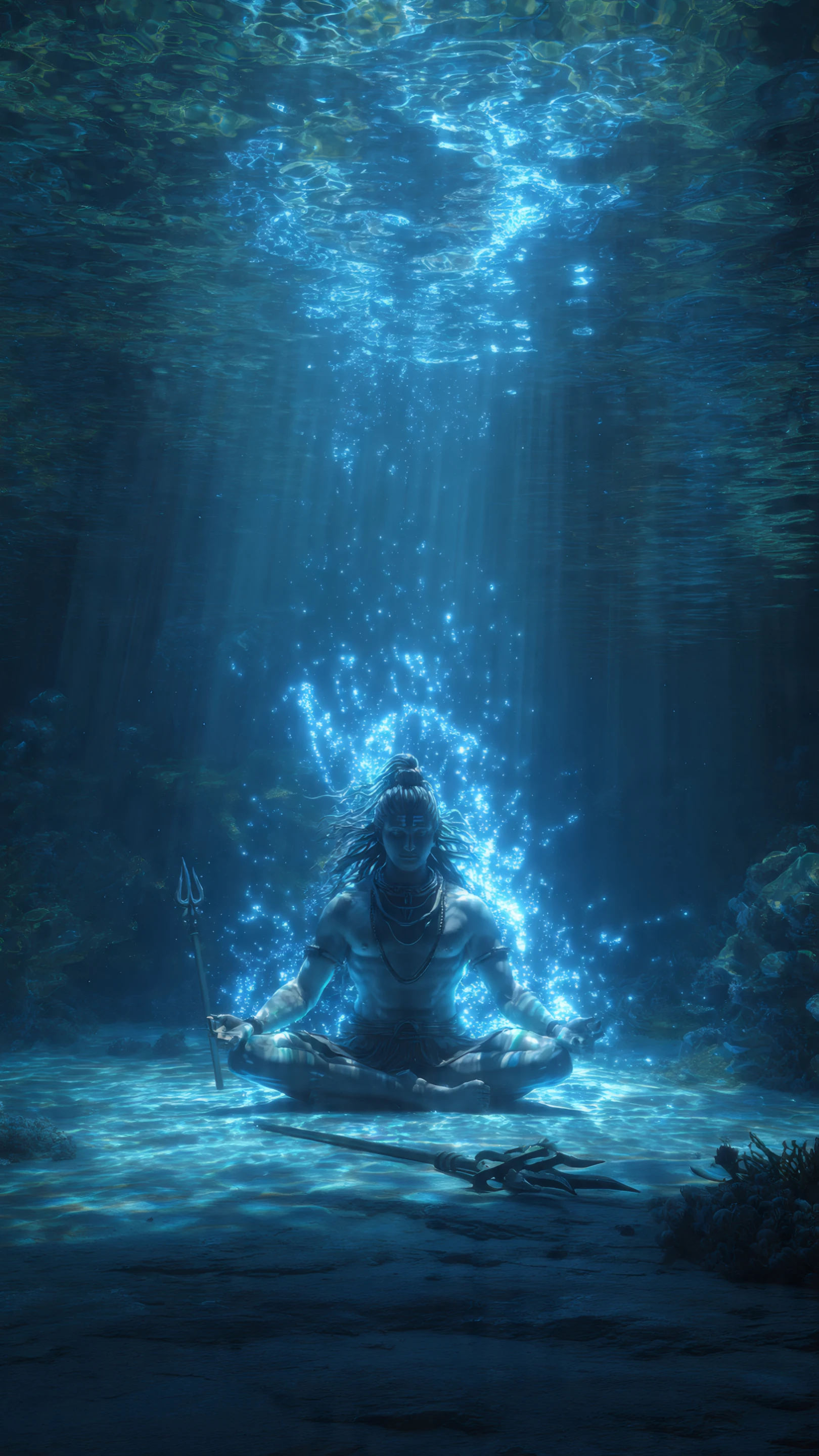 Lord Shiva Meditation in Underwater Blue Light Scene