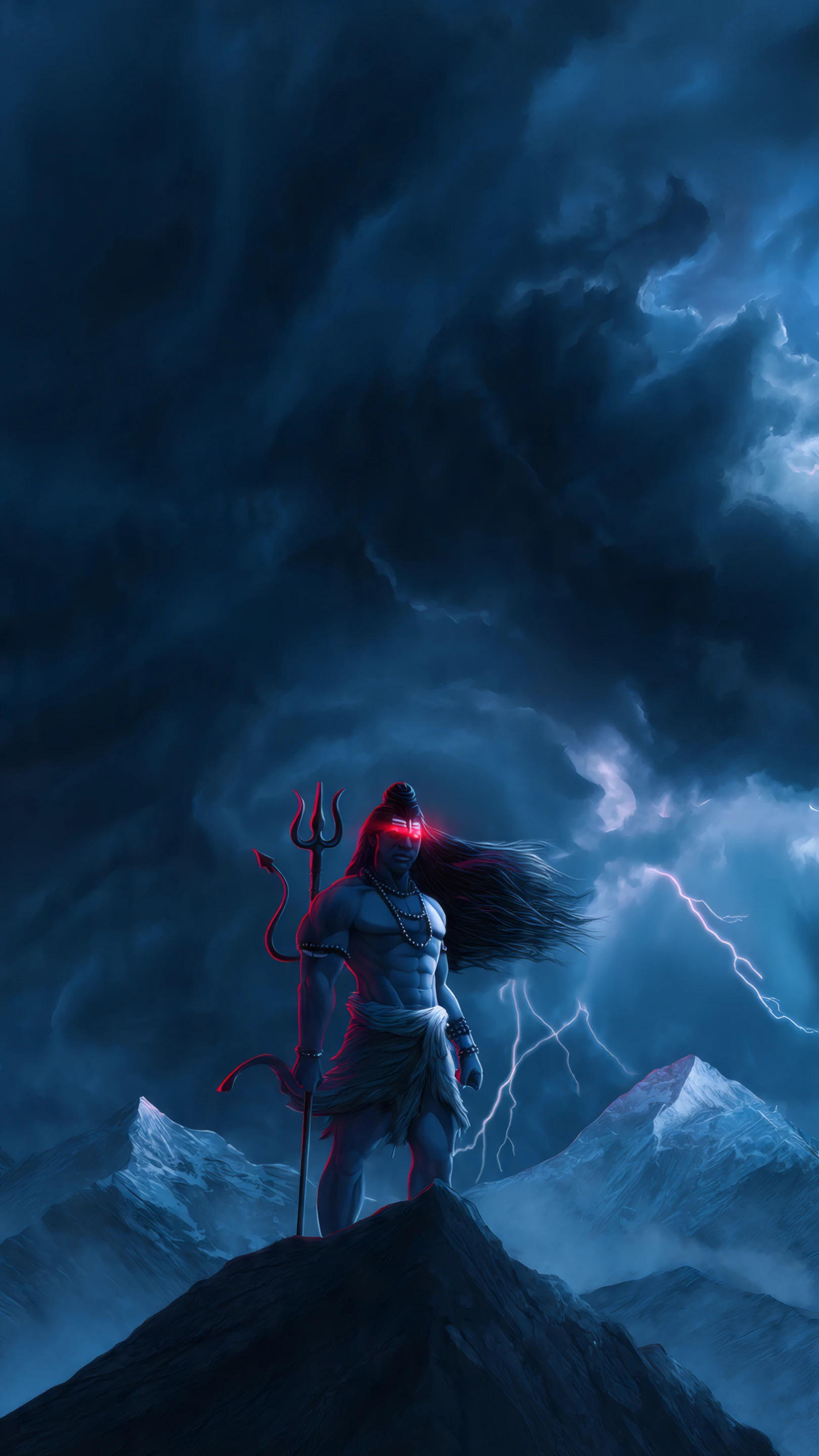 Lord Shiva with Red Eyes in Stormy Mountain Scene