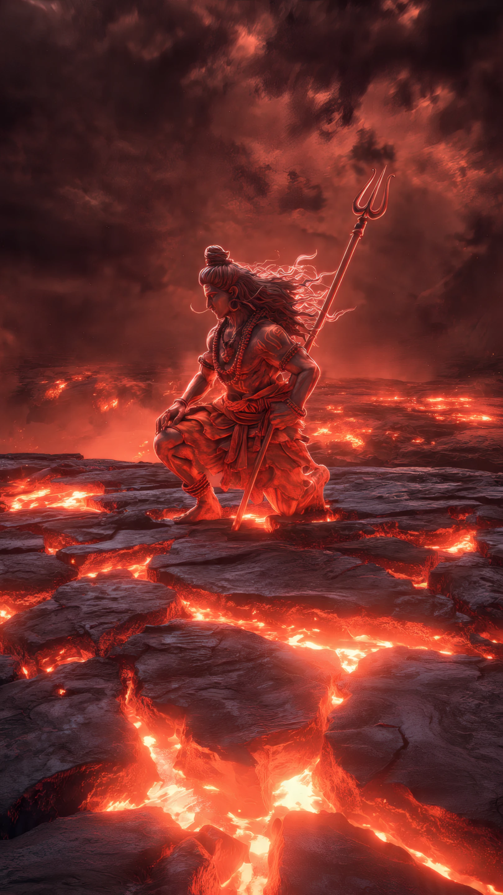 Lord Shiva with Trident on Lava Field Dramatic Sky
