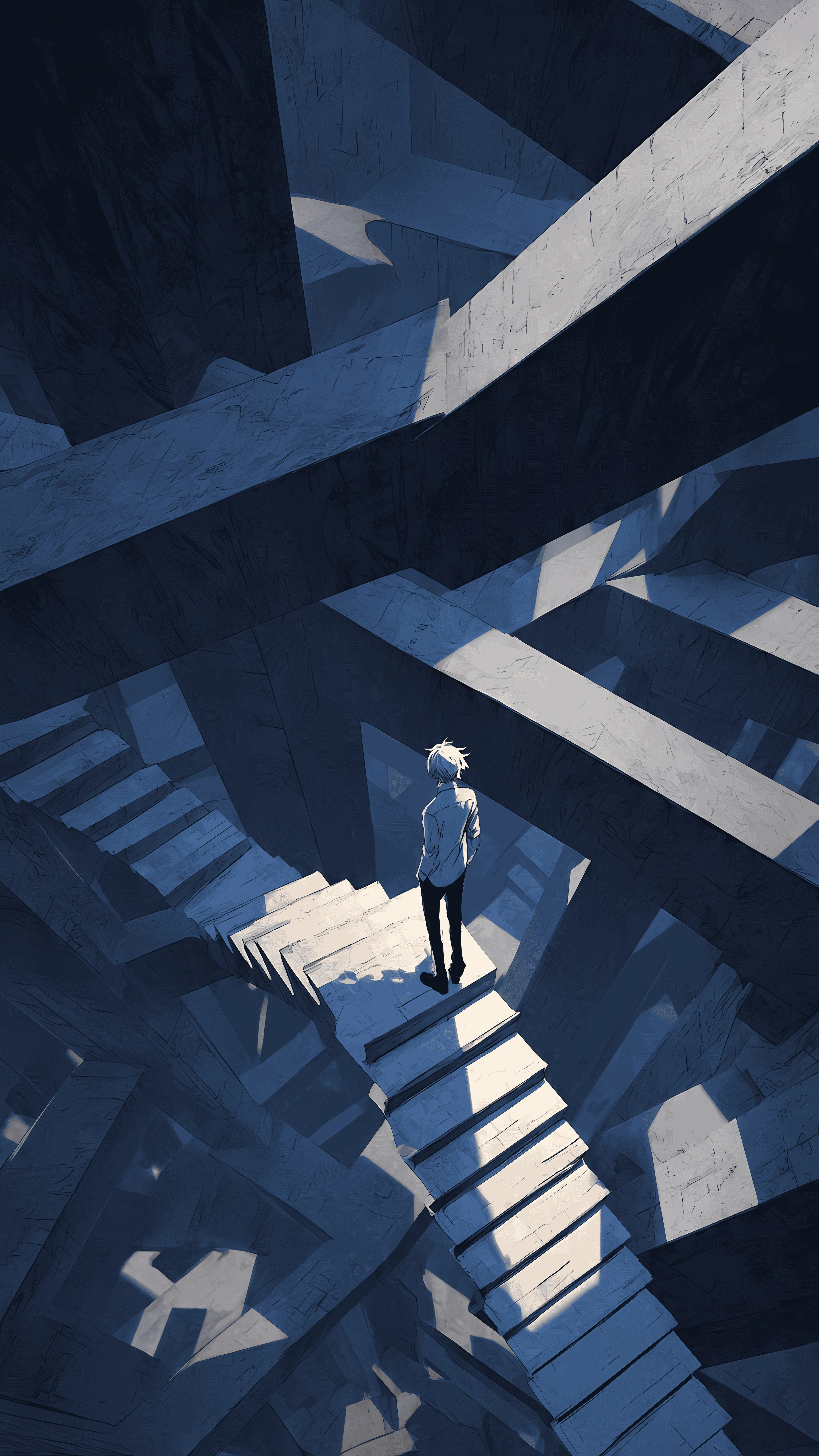 Lost Anime Boy on Concrete Stair Maze