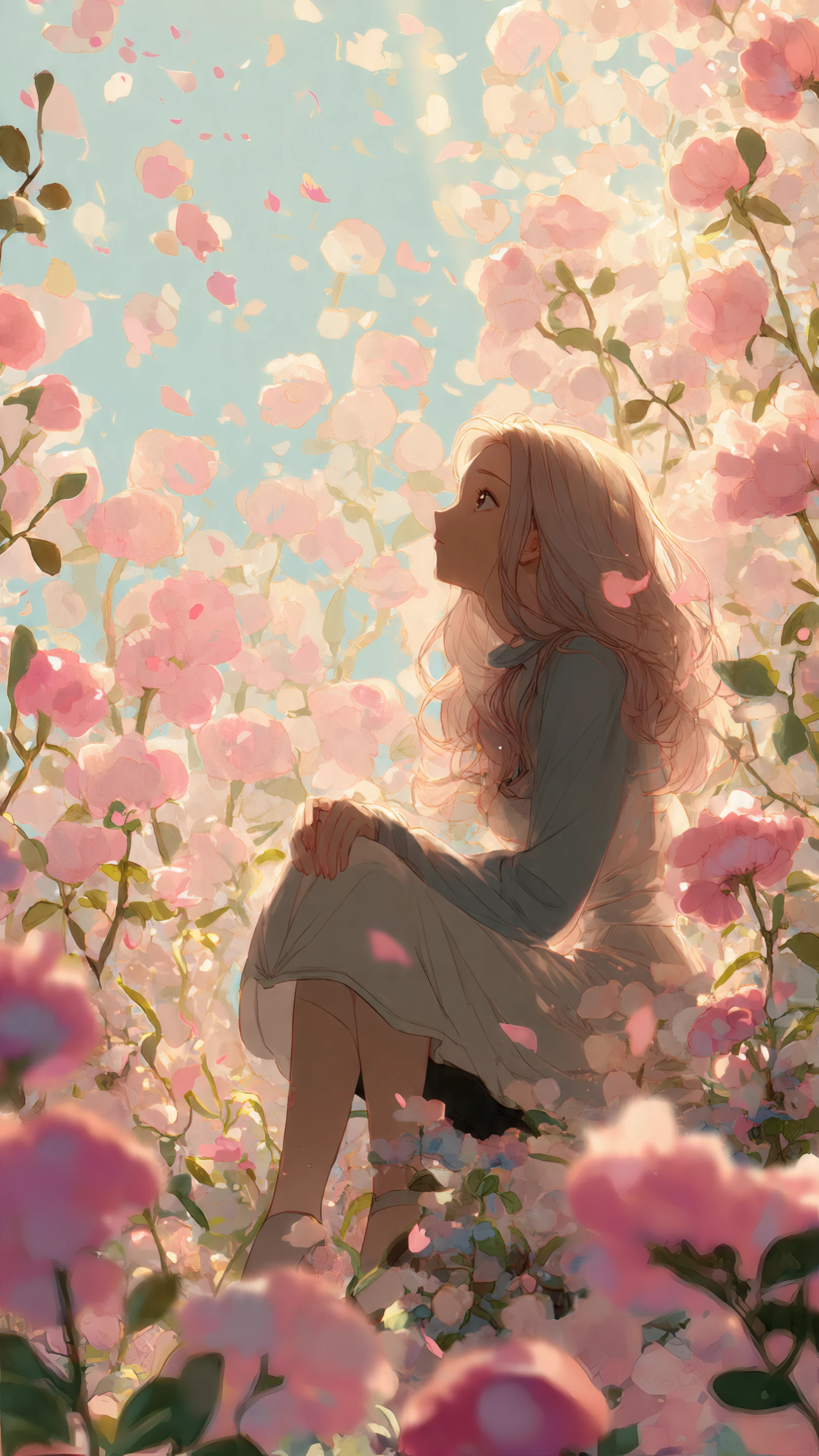 Lost in a Field of Flowers Dreamy Anime Girl Gazing at Rose