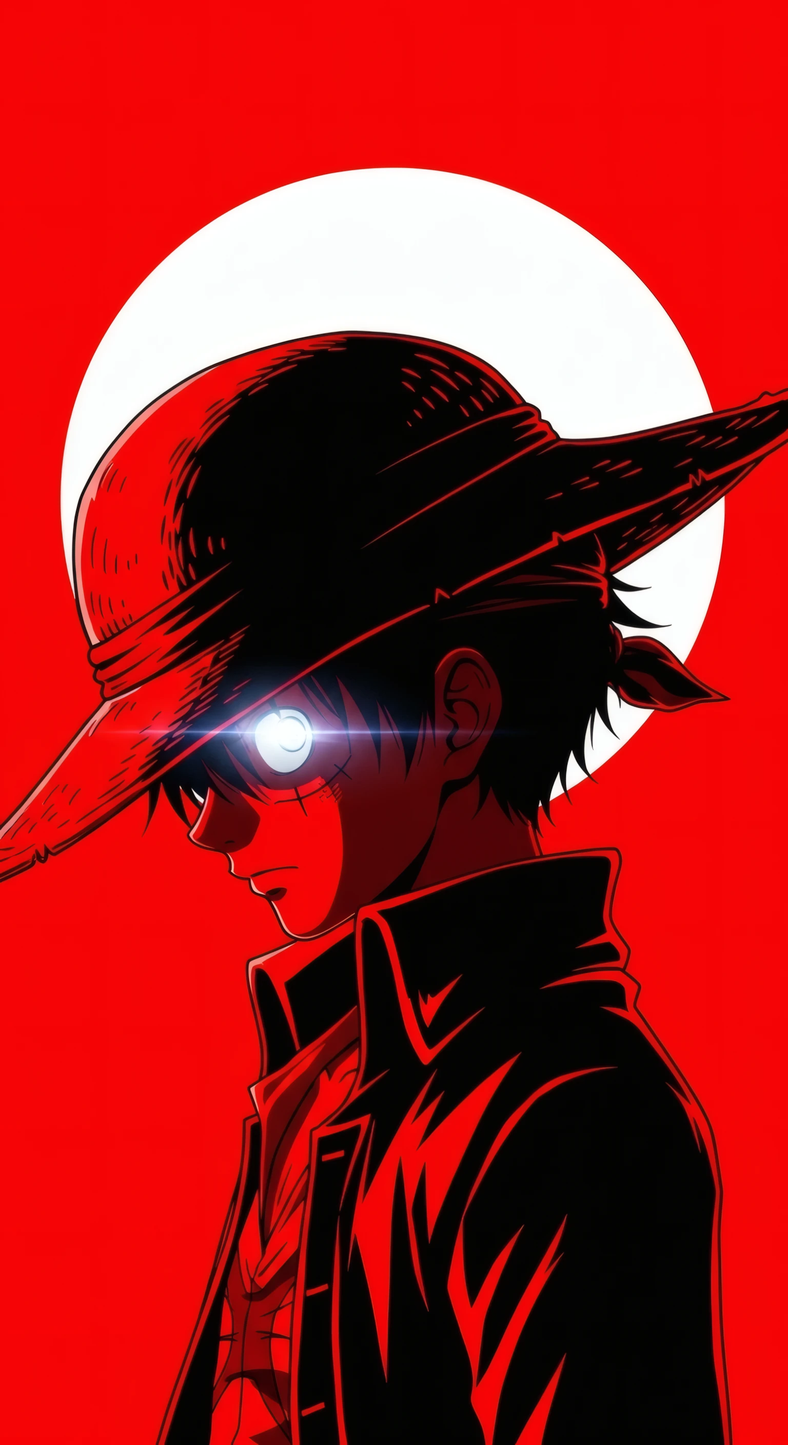Luffy's Intense Gaze Red & Black Anime Portrait