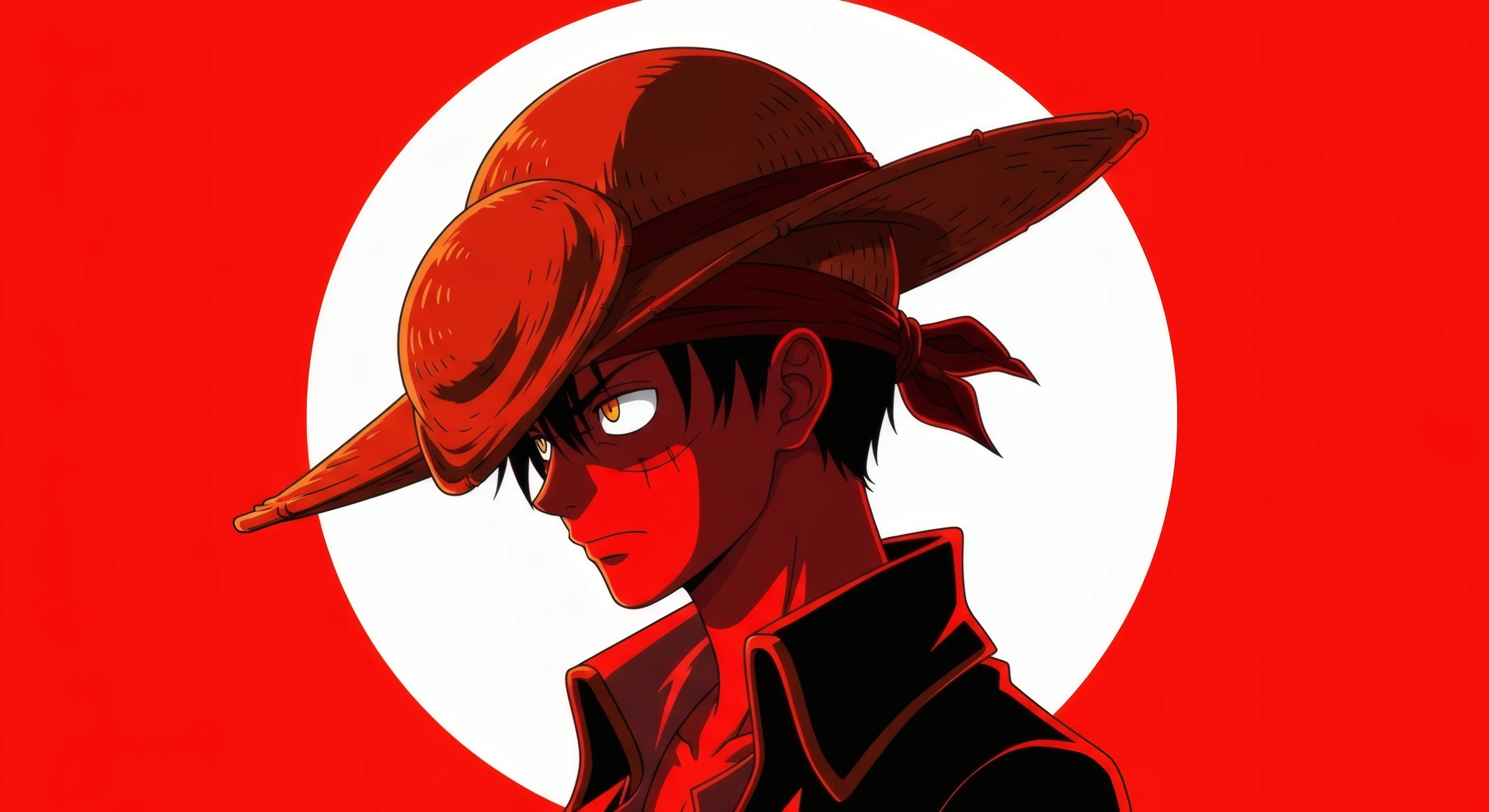 Luffy's Intense Gaze Red Anime Portrait