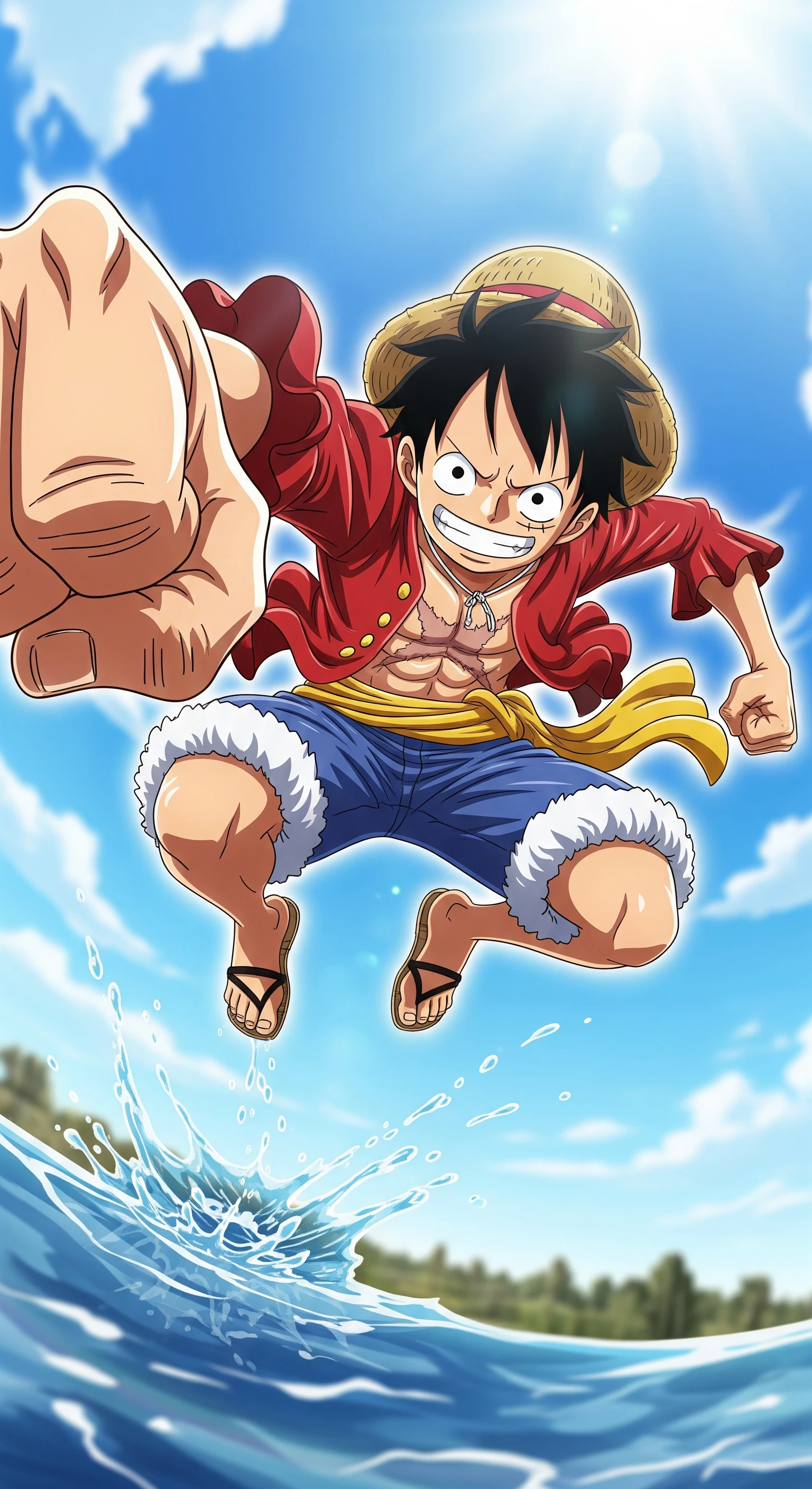 Luffy's Joyful Leap over the Ocean Waves