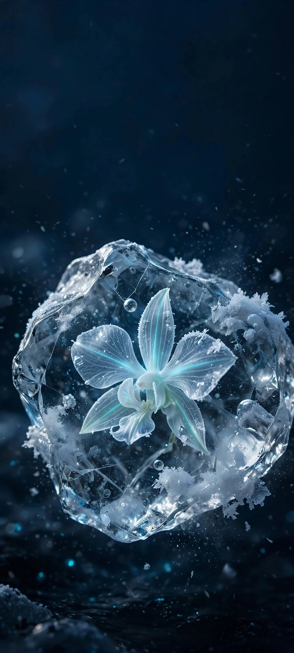 Luminous Orchid Encased in Shimmering Frozen Ice Aesthetic wallpaper 1008x2240