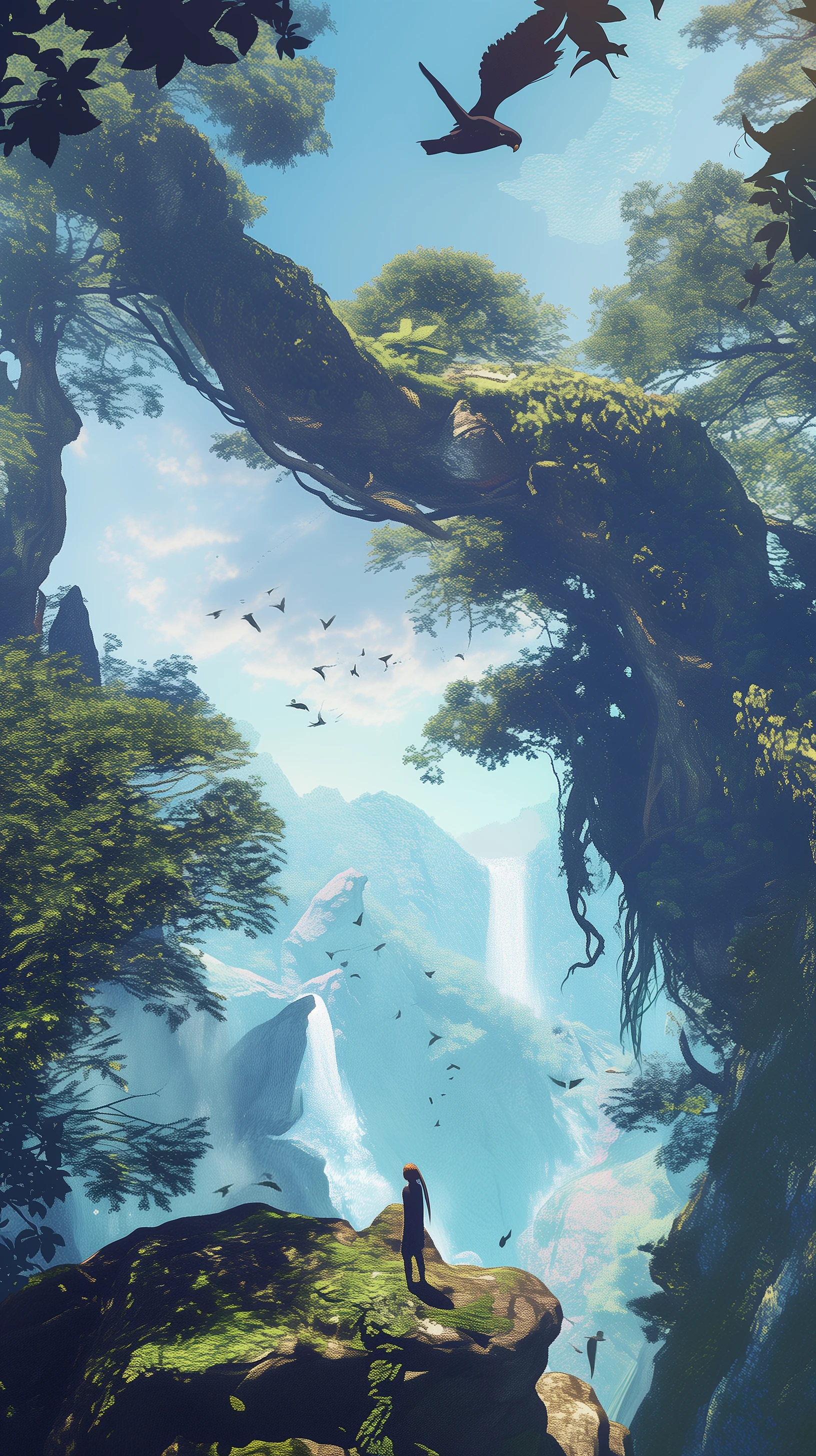 Lush Fantasy Landscape with Waterfalls and Distant Mountains