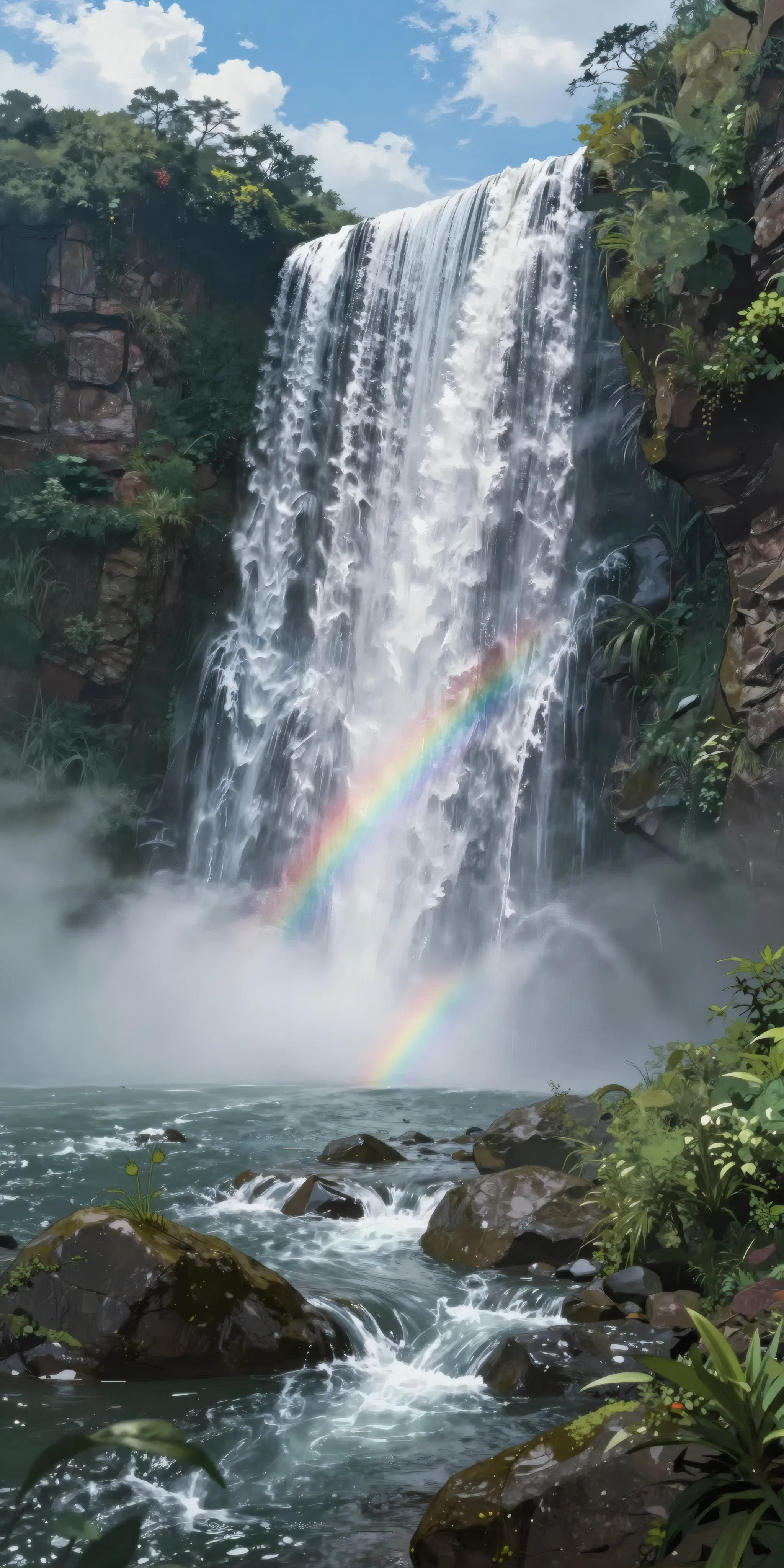 Lush Waterfall Cascade with a Glimmering Rainbow Arc