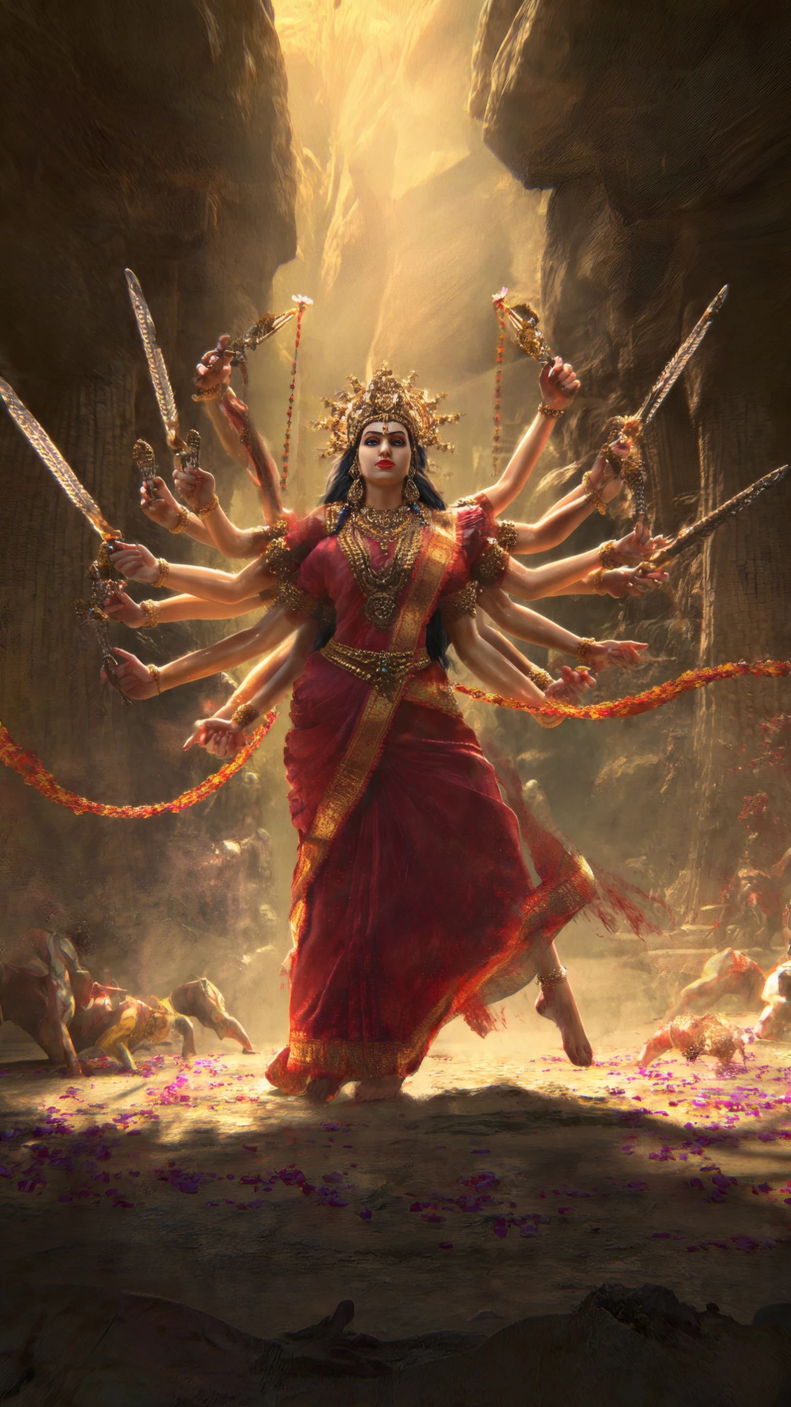 Majestic Durga Goddess with Swords and Red Saree