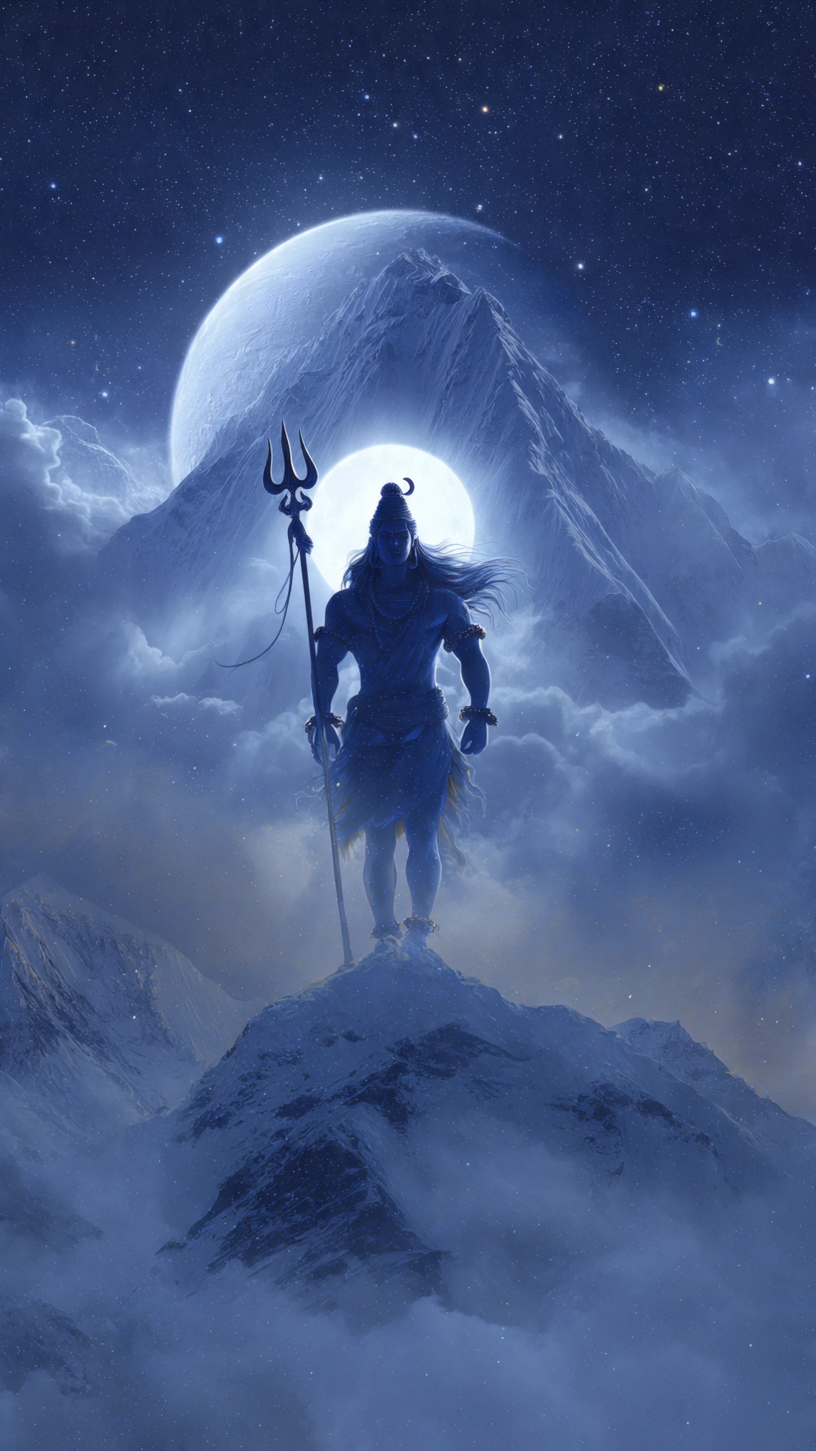 Majestic Shiva on Mountain Peak with Moonlit Backdrop