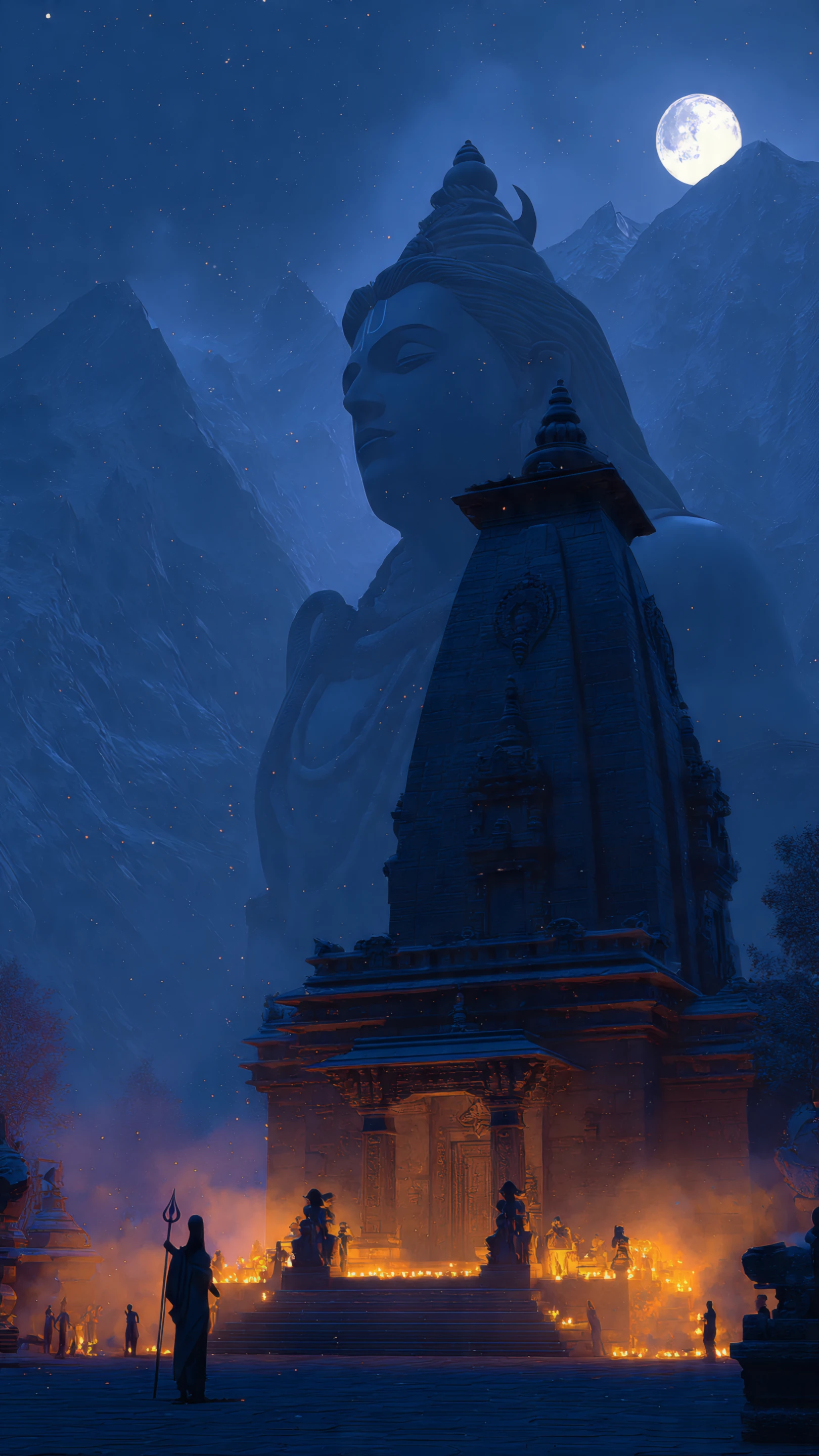 Majestic Shiva Statue and Temple Under Moonlight