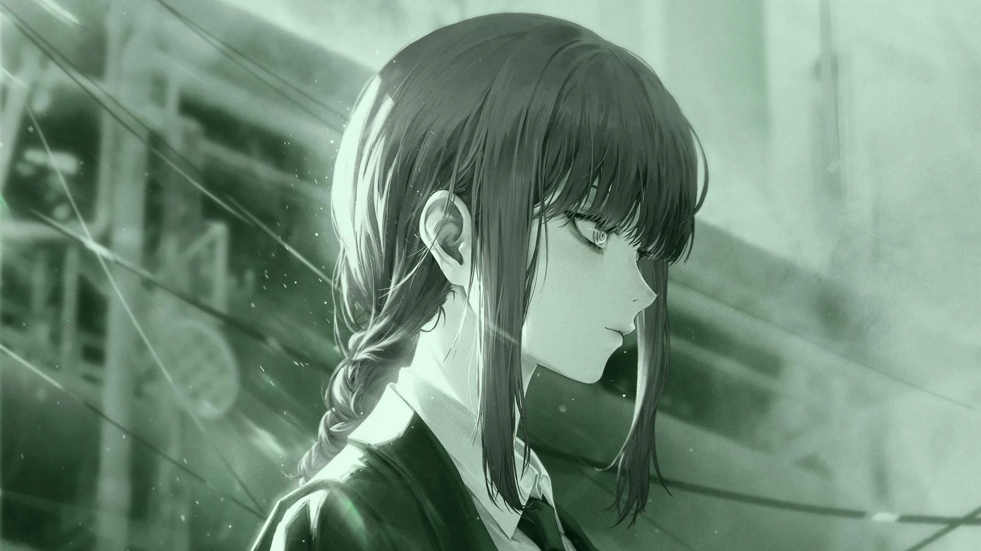 Makima Profile View in Ethereal Monochromatic Green Light Anime wallpaper 1920x1080