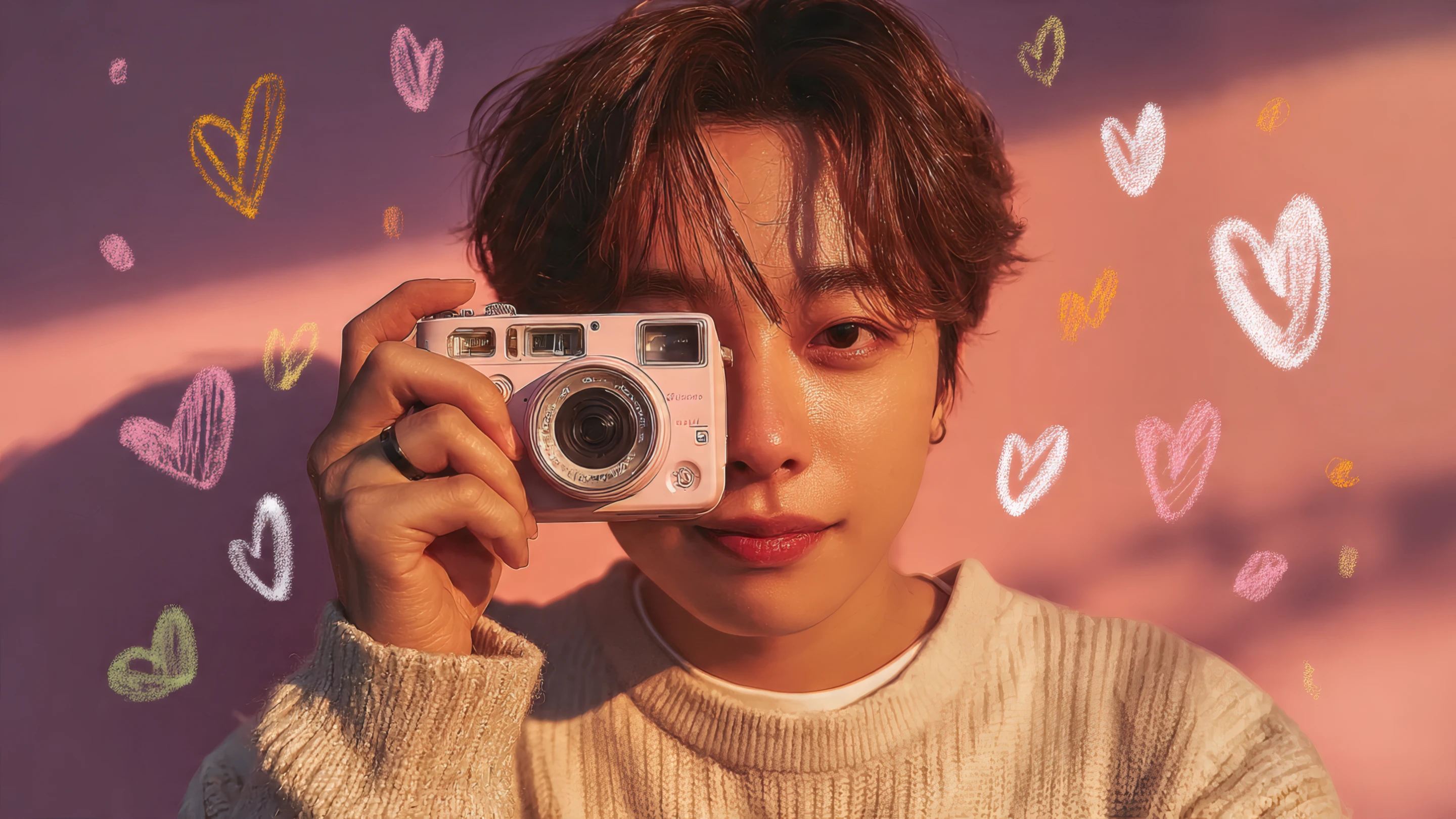 Man with Pink Camera and Heart Doodles Portrait