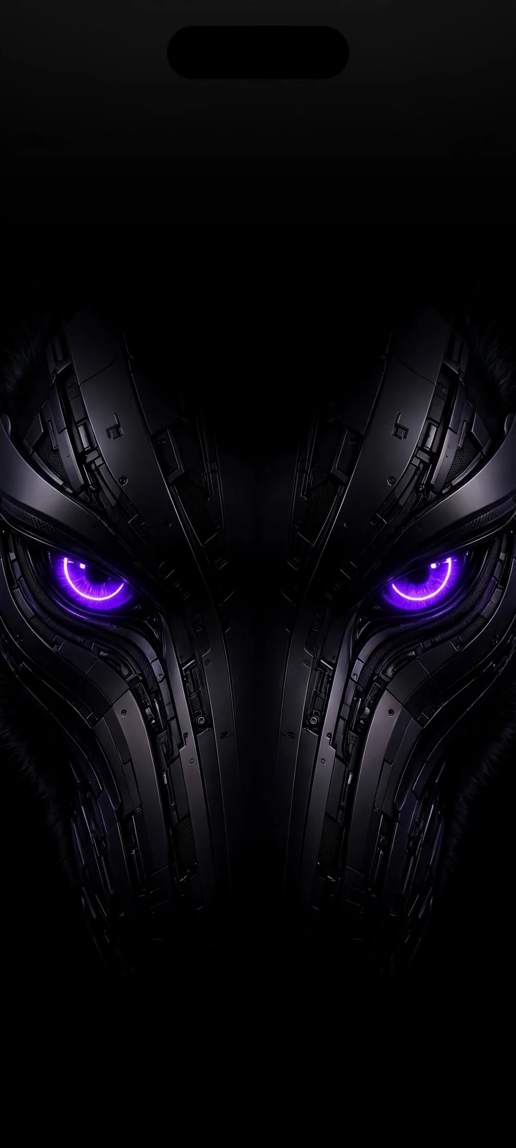 Mechanical Wolf with Glowing Purple Eyes in Deep Shadow Sci-Fi wallpaper 1008x2240